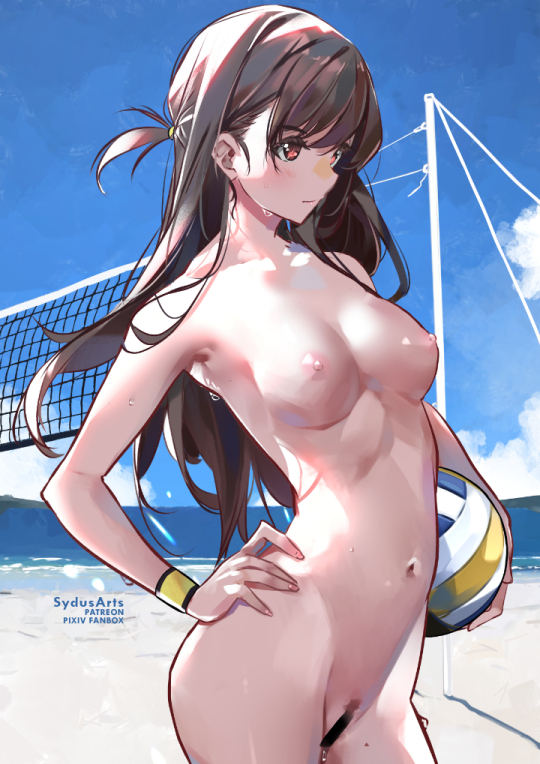 arched_back artist_name bar_censor beach blue_sky breasts brown_hair censored closed_mouth cloud completely_nude female hand_on_hip kanojo_okarishimasu long_hair medium_breasts mizuhara_chizuru mole mole_on_thigh navel nipples nude outdoors pussy red_eyes sky solo stomach sweat sydus volleyball volleyball_net wristband