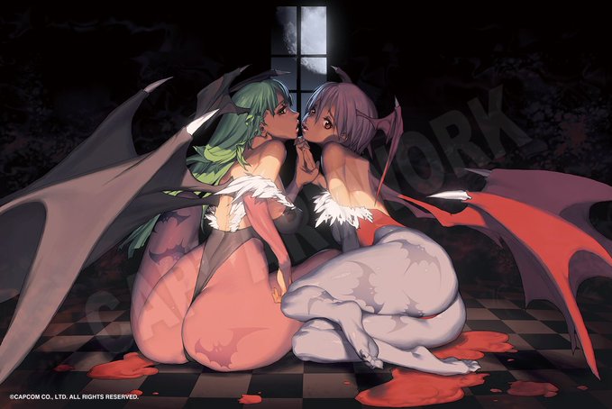 2demons 2girls big_ass blood capcom clothed clothing darkstalkers feet female_only flat_chest foot_fetish green_hair holding_hands implied_yuri kim_hyung_tae_(jamm3rd) light-skinned_female light_skin lilith_aensland morrigan_aensland official_art pantyhose purple_hair small_breasts watermark wings yuri