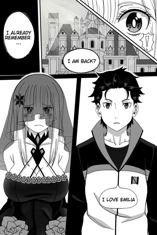 1boy 1boy1girl 1girls :( bare_belly bare_shoulders belly belly_button big_breasts black_and_white black_clothing black_dress black_hair breasts castle cloak clothed_female_clothed_male conversation covered_hair covered_head dialogue doujin doujinshi dress elf elf_female elf_girl english english_dialogue english_text female ghta hair_ornament half-elf half_elf huge_breasts large_breasts long_hair looking_at_each_other male mansion multiple_scenes natsuki_subaru o_face open_eyes open_mouth re:zero_kara_hajimeru_isekai_seikatsu sad_face satella_(re:zero) silver_hair standing stomach talking_to_partner text track_suit white_hair witch worried worried_expression worried_face worried_look x_hair_ornament