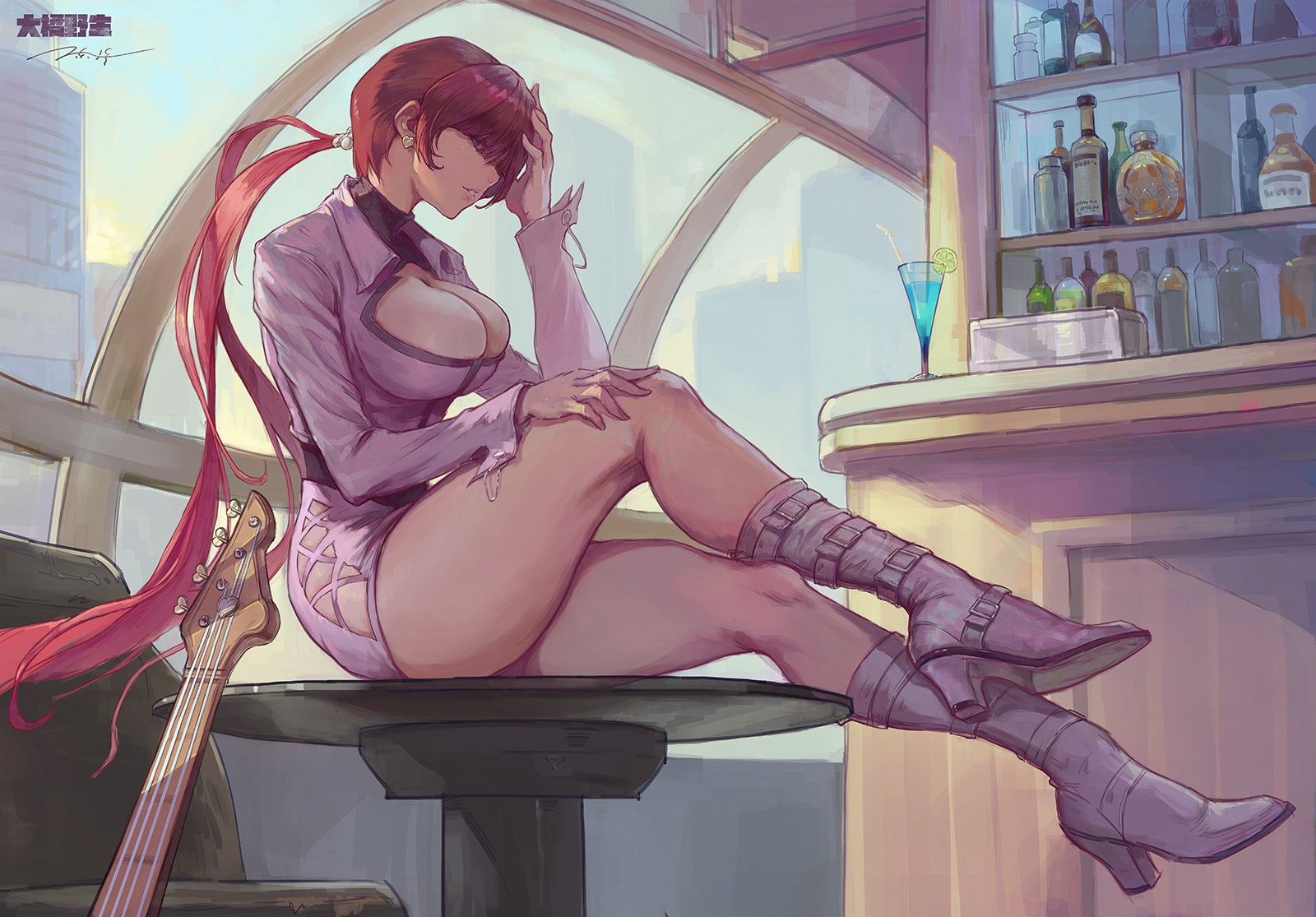 boots, breasts, cleavage, confident, female, guitar, king of fighters, large breasts, lee5, long hair, red hair, revealing clothes, shermie (kof), short dress, snk, thick thighs, thighs