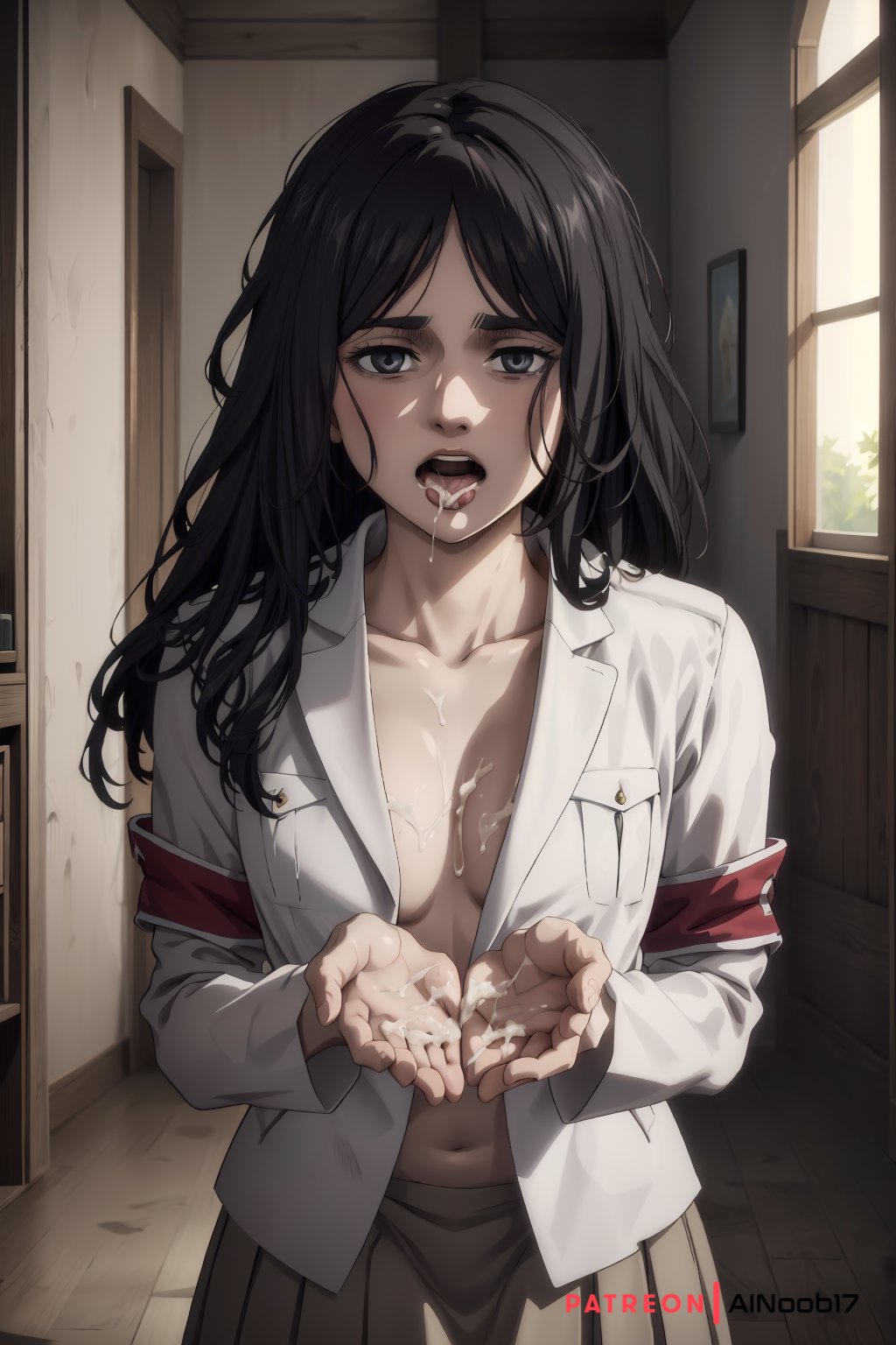 1girls, after fellatio, ai generated, ainoob17, attack on titan, black hair, cum in hands, cum in mouth, expressionless, eye bags, female, grey eyes, looking at viewer, open mouth, oral creampie, pieck finger, shingeki no kyojin, solo, stable diffusion, tagme