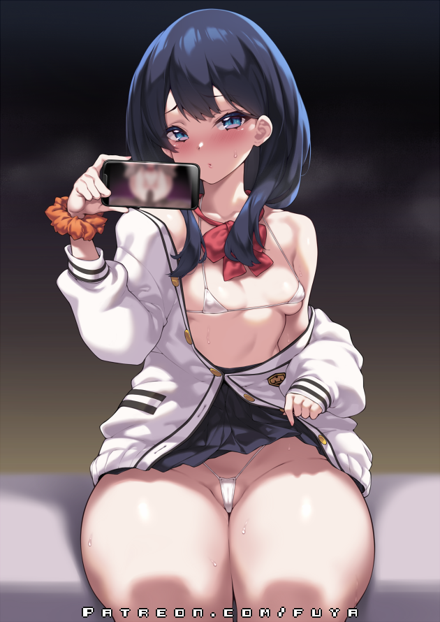 1girls bed blue_eyes blush breasts cameltoe eye_contact female female_only fuya_(tempupupu) long_hair looking_at_viewer on_top phone school_uniform schoolgirl sitting sitting_on_bed skirt skirt_lift small_breasts solo ssss.gridman takarada_rikka thick_thighs thighs thong wide_hips