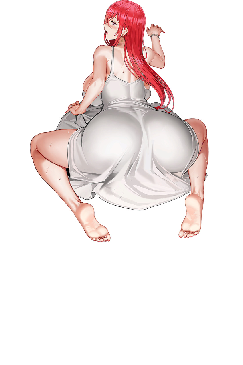 1girls c-77_hongryeon c-77_hongryeon_(sleevelss_one-piece_dress) female female_only game_cg large_ass last_origin light-skinned_female light_skin looking_back official_art red_hair seductive solo taesi white_background white_dress