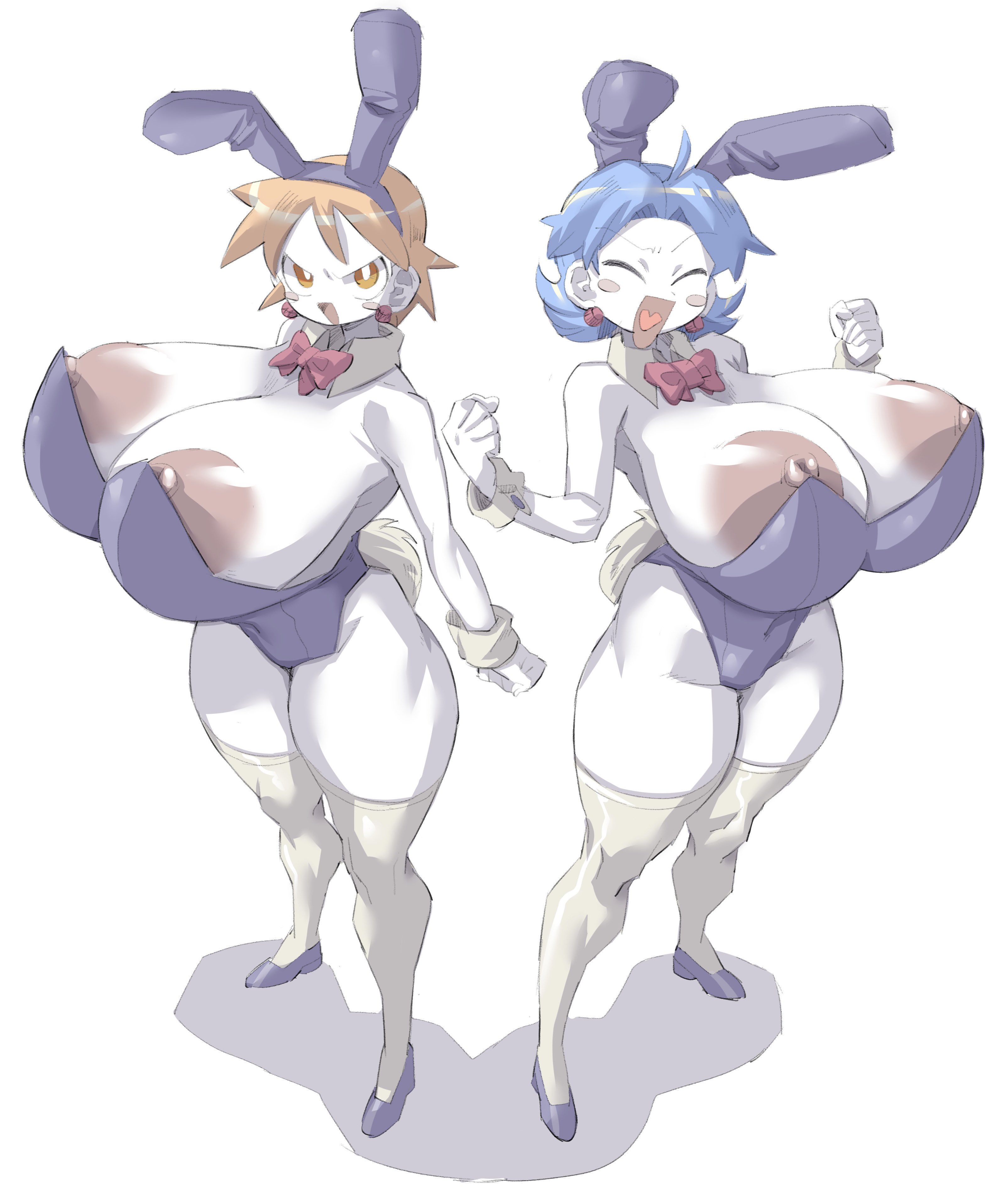 2girls, blue hair, breasts, bunnysuit, closed eyes smile, female, huge breasts, multiple females, multiple girls, original, sakana8888888