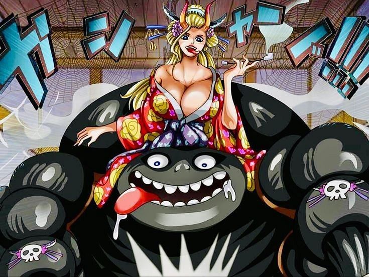 1girls big_breasts black_maria blonde_hair blue_eyes boobs breasts cleavage exposed_breasts female female_only giantess huge_breasts jorogumo kimono kumo_kumo_no_mi,_model:_rosamygale_grauvogeli nihongami one_piece pipe spider tits webbing youkai