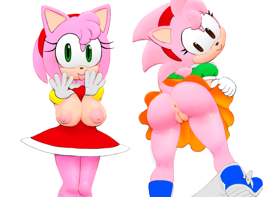 aero-sin amy_rose anthro between_breasts bottomless classic_amy_rose classic_sonic_(universe) clothing duo eulipotyphlan female hedgehog humanoid mammal no_bra no_panties sega sonic_(series) sonic_cd sonic_generations tongue