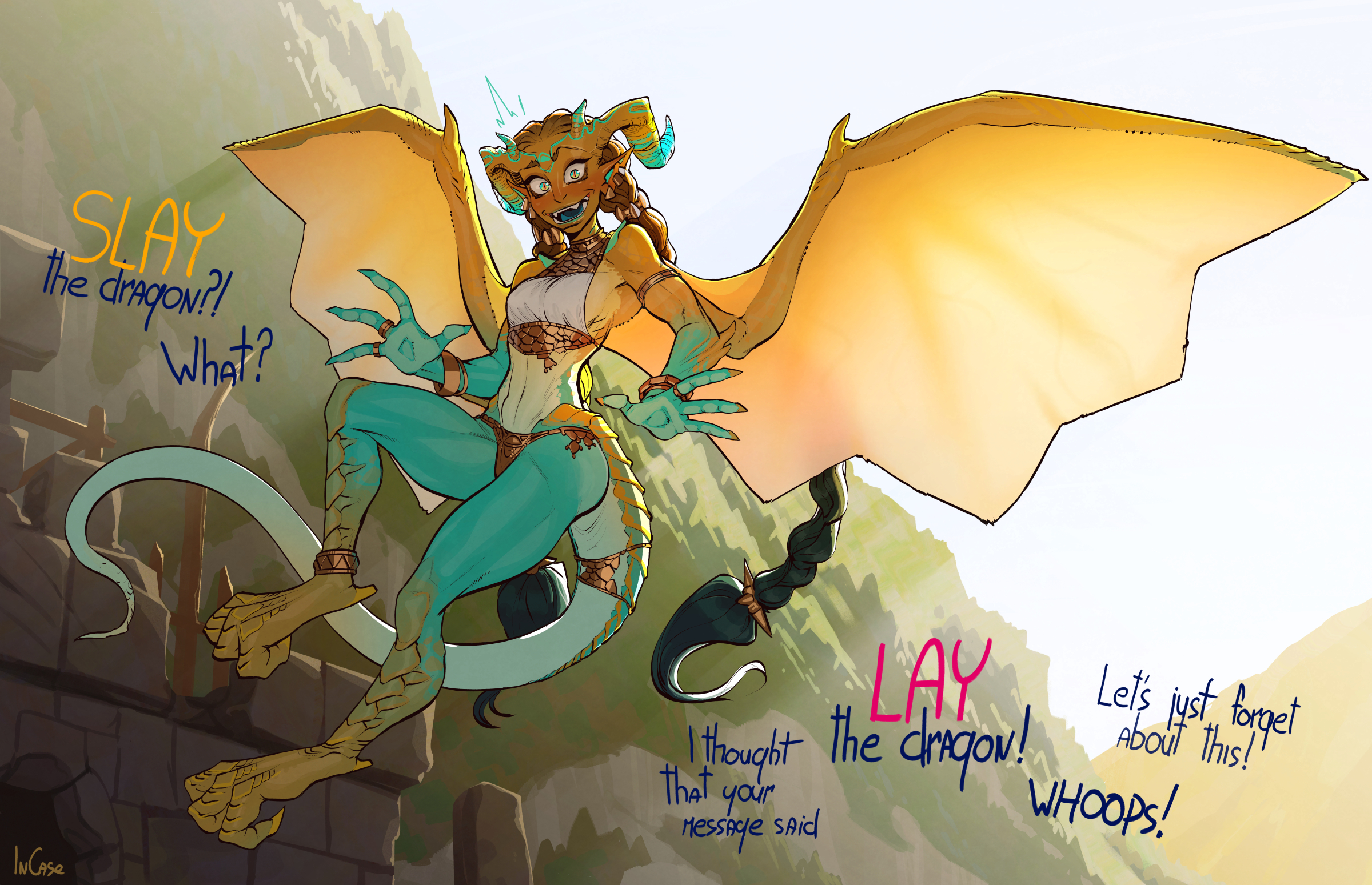 1girls, 4 fingers, bird feet, blue tongue, blush, brown hair, dialogue, dragon, dragon horns, dragon humanoid, dragon tail, dragon wings, english text, female, female only, flying, green body, hi res, horns, humanoid, incase, looking at viewer, shocked, shocked expression, slit pupils, solo, tail, talking to viewer, twin braids, two-tone body, very long hair, wide eyed, wings, yellow body