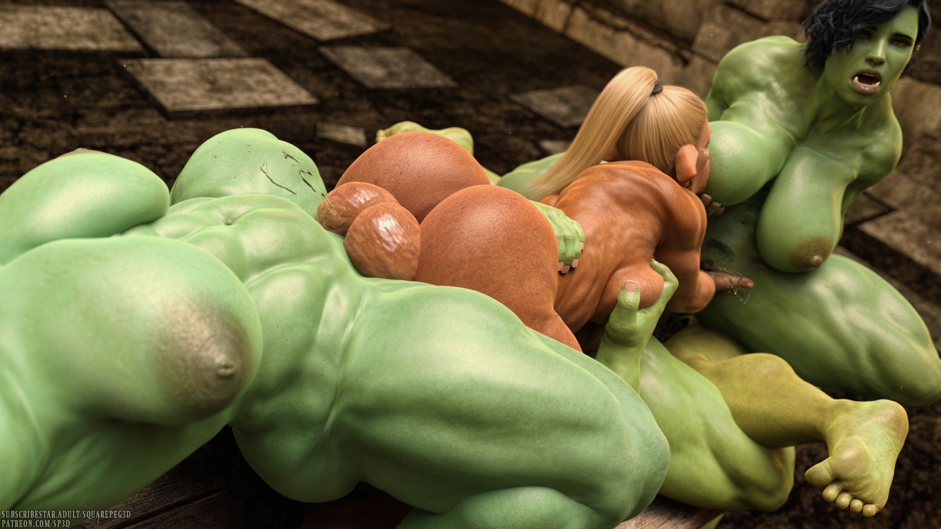 3d, ass, balls, barefoot, big ass, big balls, big butt, blonde hair, breasts, cock ring, dickgirl, dickgirl/dickgirl, dickgirl/female, earrings, elf futa, erection, female, functionally nude, futa on female, futanari, gangbang, gold jewelry, green skin, huge ass, huge breasts, intersex, interspecies, leaking cum, leaking precum, muscular, muscular female, muscular futa, nude, orc, orc female, orc futa, orgy, penis, plump lips, pointy ears, restrained, squarepeg3d, tanned skin, taunting, thick thighs, wide hips, wood elf