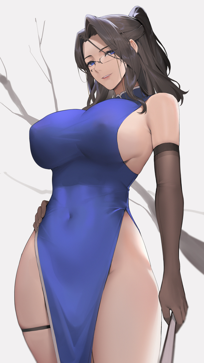 absurdres aliosarvin bangs bare_shoulders blue_dress blue_eyes blush breasts brown_gloves brown_hair china_dress chinese_clothes covered_navel dress elbow_gloves female female_only folding_fan fully_clothed glasses gloves grin half_updo hand_fan highres inoue_iris_(sdustz) large_breasts looking_at_viewer mature_female original parted_bangs pelvic_curtain ponytail revealing_clothes side_slit sideboob sidelocks smile solo thighs