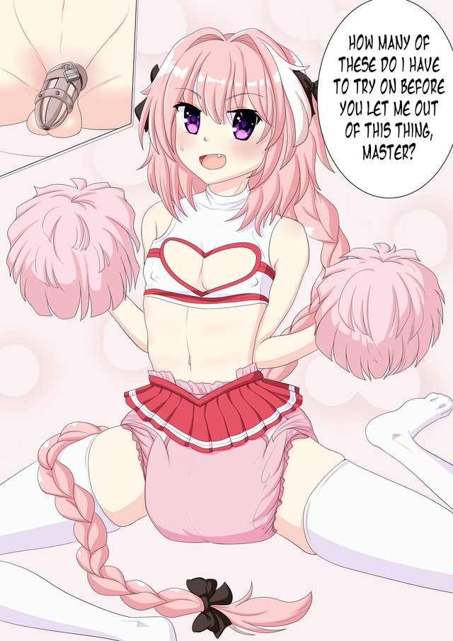 1boy astolfo_(fate) boob_window chastity chastity_cage cheerleader cheerleader_uniform crossdressing diaper fate/grand_order fate_(series) femboy femboy_only gay long_hair long_socks male male_only pink_diaper pink_hair pom_poms purple_eyes solo_male text text_bubble xjio