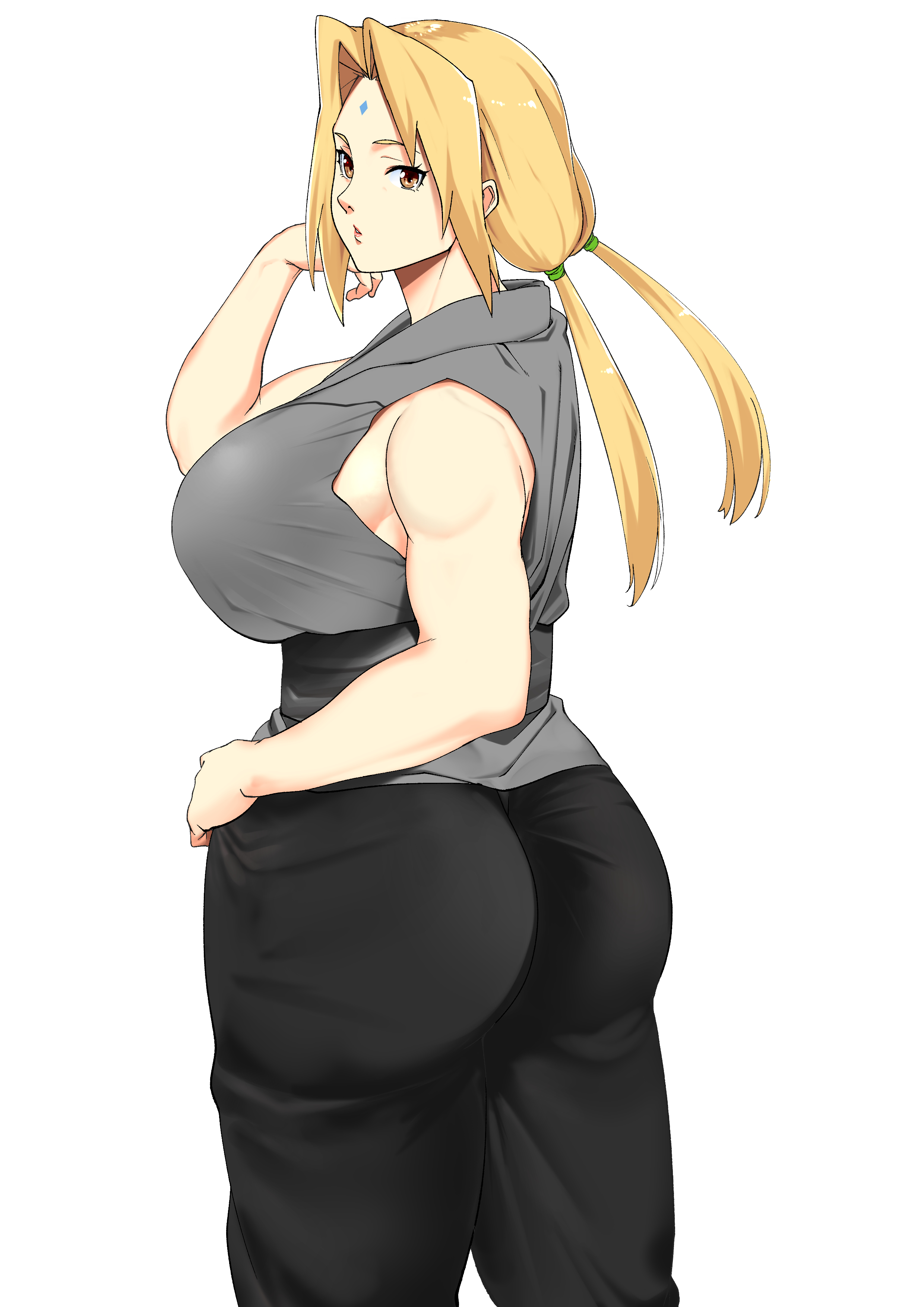 1girls, ass, back view, bare shoulders, big ass, big breasts, breasts, brown eyes, clothed, clothed female, curvaceous, curvy, curvy female, curvy figure, facial mark, fat ass, female, female only, forehead mark, from behind, fully clothed, gilf, huge ass, huge breasts, kimono, large breasts, lipstick, low twintails, makeup, mature, mature female, milf, naruto, naruto (series), naruto shippuden, pants, pinup, plain background, plump, pose, posing, presenting, presenting ass, presenting hindquarters, rear view, round ass, sash, shiny, shiny hair, shiny skin, short kimono, sideboob, simple background, sleeveless, solo, solo female, solo focus, tenpura (tenpura621), tied hair, tsunade, twintails, voluptuous, white background, wide hips