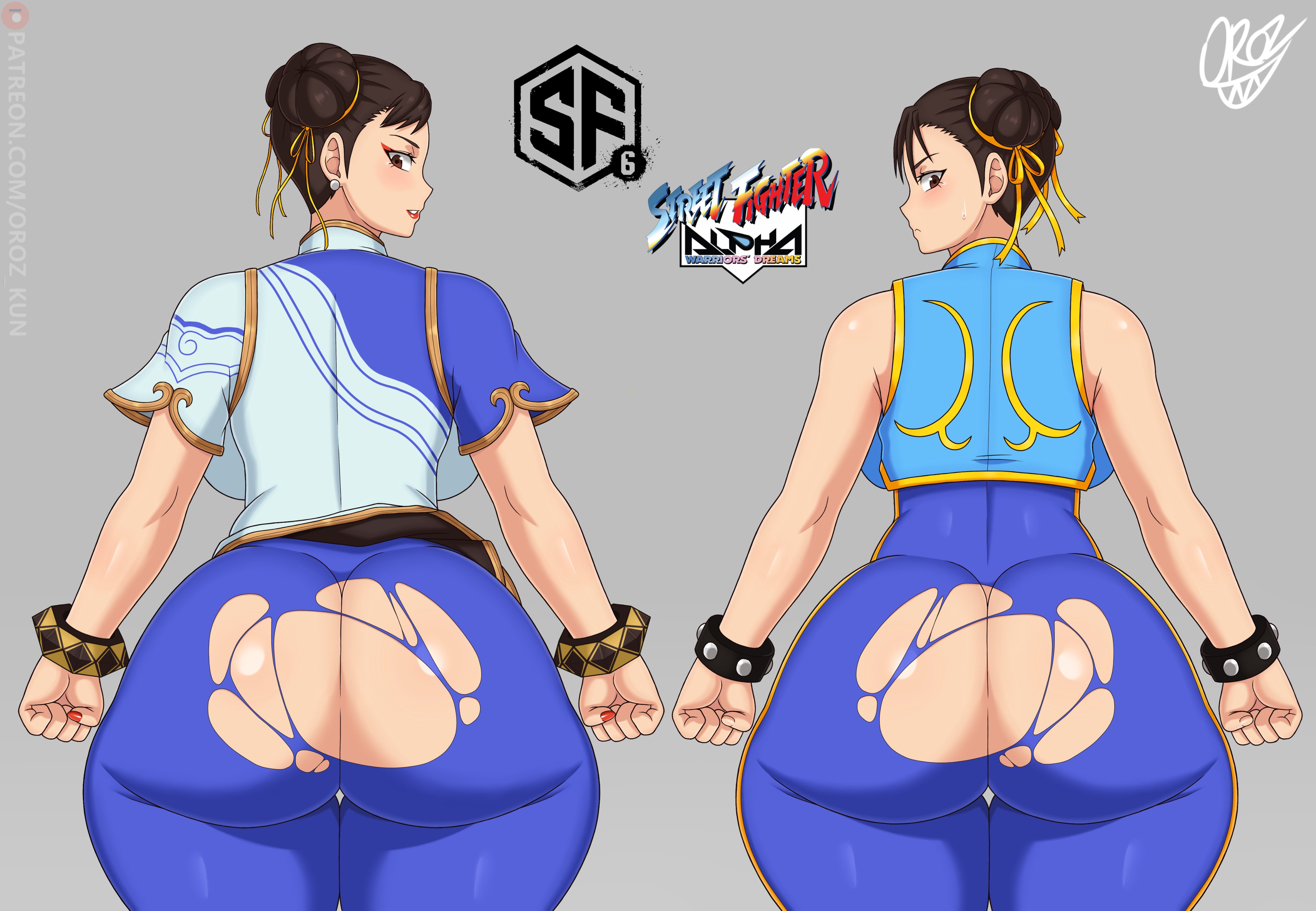 2girls, ass, ass cleavage, ass crack, back view, big ass, big butt, brown hair, bubble ass, bubble butt, butt crack, chun-li, curvy, fat ass, female, female only, hair bun, huge ass, huge butt, large ass, looking back, multiple females, multiple girls, oroz-kun, street fighter, street fighter 6, street fighter alpha, thick, thick ass, thick thighs, torn clothes, voluptuous, wide hips
