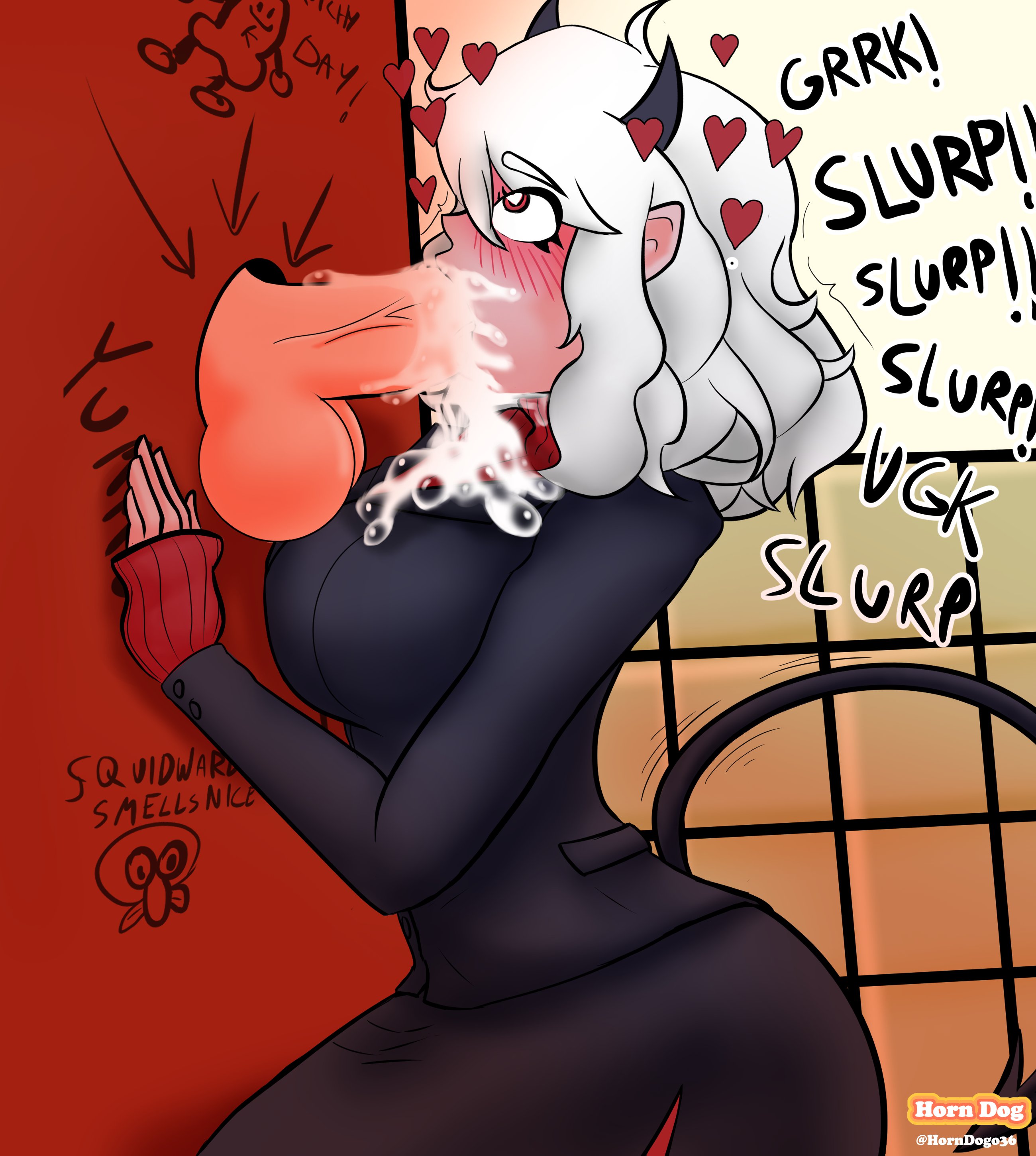 balls, big balls, big breasts, big hair, big penis, black horn, black horns, blowjob, blowjob face, blush, blushing, boner, boobs, breasts, cum, cum in mouth, cum inside, demon, demon girl, demon tail, erect penis, erection, female, flustered, heart-shaped pupils, hearts around head, helltaker, horn, horndogo36, horns, long hair, male, massive penis, modeus (helltaker), no eyewear, penis, penis out, precum, shaded, tuxedo, white hair, white penis