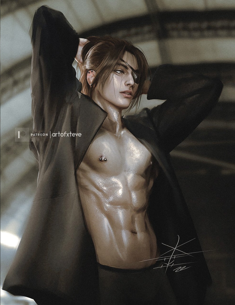 1boy abs attack_on_titan brown_eyes brown_hair eyepatch hair_up hanji_zoe male_only muscular muscular_male open_shirt pierced_nipples rule_63 shingeki_no_kyojin xtevestrange