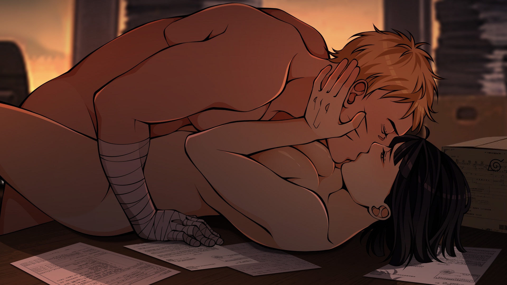 1boy, 1girls, aroused, boruto: naruto next generations, canon couple, completely nude, couple, female, female human, human, human male, husband and wife, hyuuga hinata, kissing, kissing while penetrated, light skin, light-skinned female, looking pleasured, male, mature female, mature male, meow meow, missionary position, naruto, naruto (series), nude, office sex, on back, pussy, sex, spread legs, uzumaki hinata, uzumaki naruto, vaginal penetration