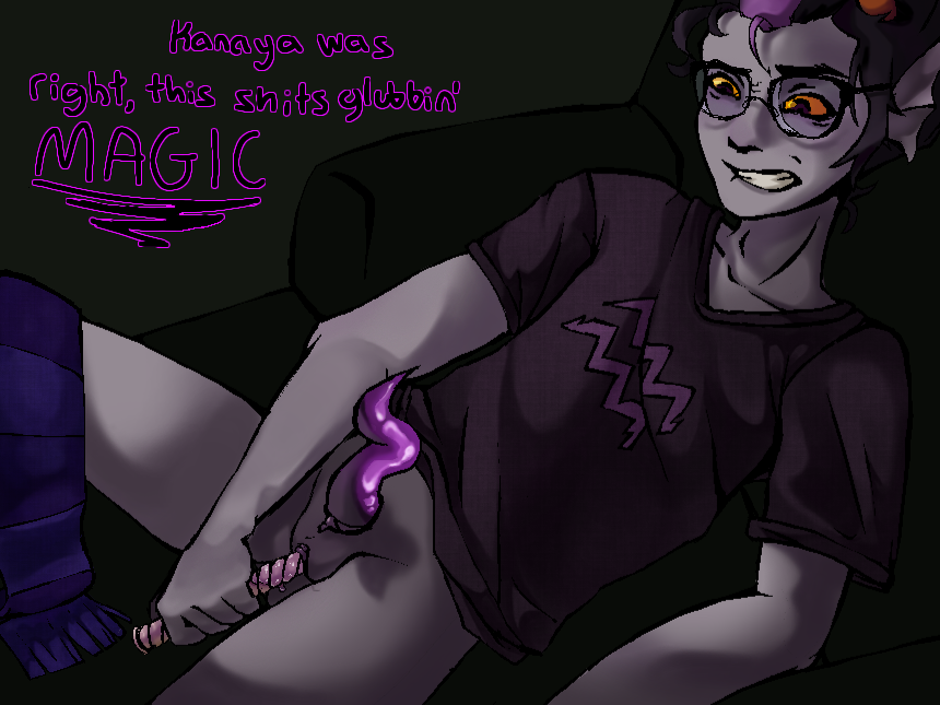 1boy artist_request black_hair clothing cuntboy cuntboy_sans_balls dialogue eridan_ampora fins glasses grey_background grey_skin herm hermaphrodite homestuck horns intersex male maleherm masturbation ms_paint_adventures multi_genitalia open_mouth orange_eyes penis purple_highlights pussy pussy_juice recliner scarf shirt short_hair solo solo_male tentabulge text troll wand