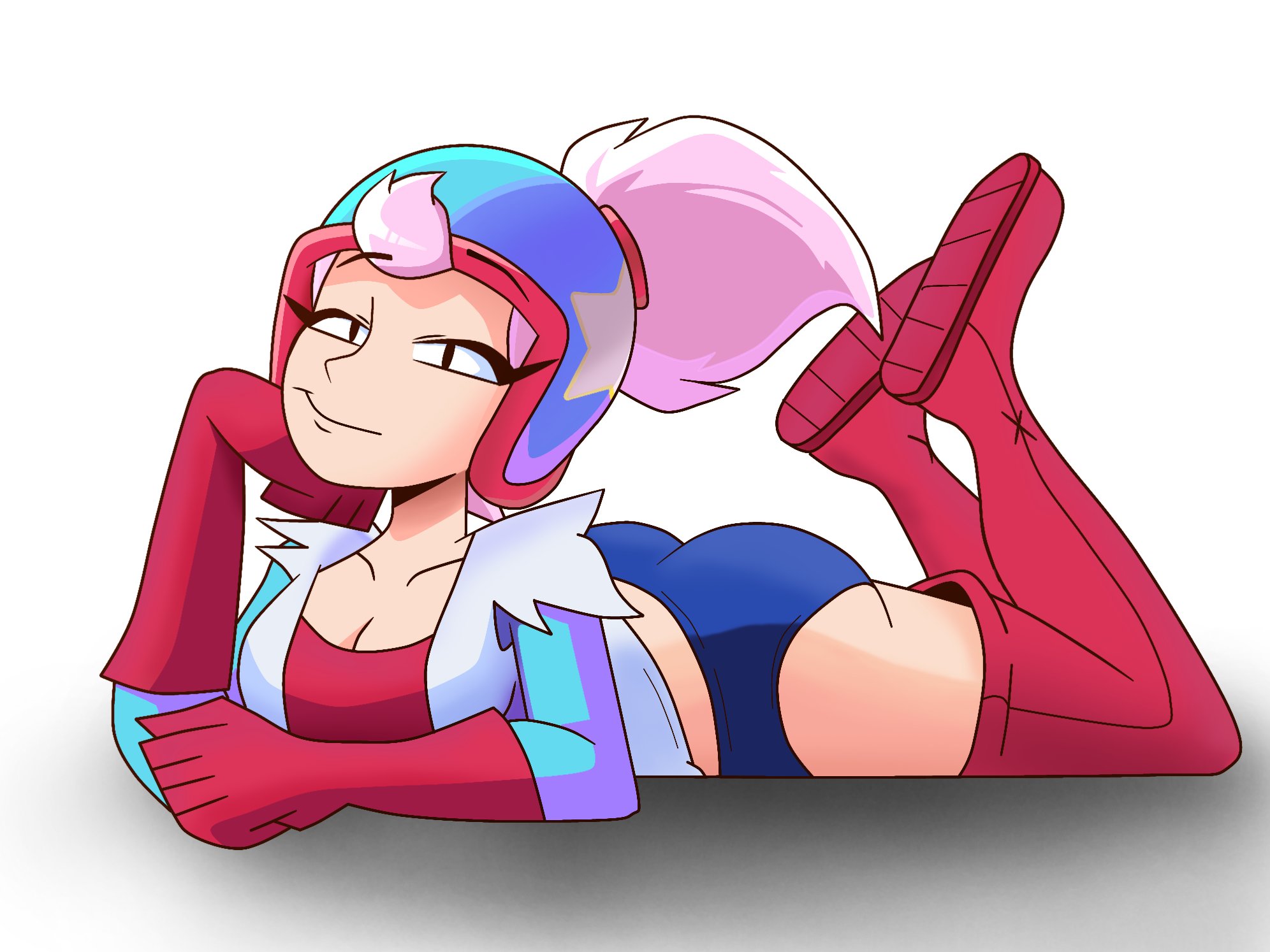 1girls, ass, big ass, black eyes, brawl stars, female, helmet, janet (brawl stars), mani art, pink hair