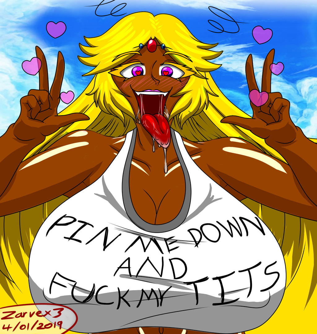 bimbo bimbofication blonde_hair blush brainwashing breasts cleavage dark-skinned_female dark_skin drool femsub ganguro gyaru happy_trance heart heart-shaped_pupils hi_res huge_breasts kid_icarus mind_control nintendo palutena pink_eyes symbol-shaped_pupils text text_on_clothing tongue_out v zarvex3