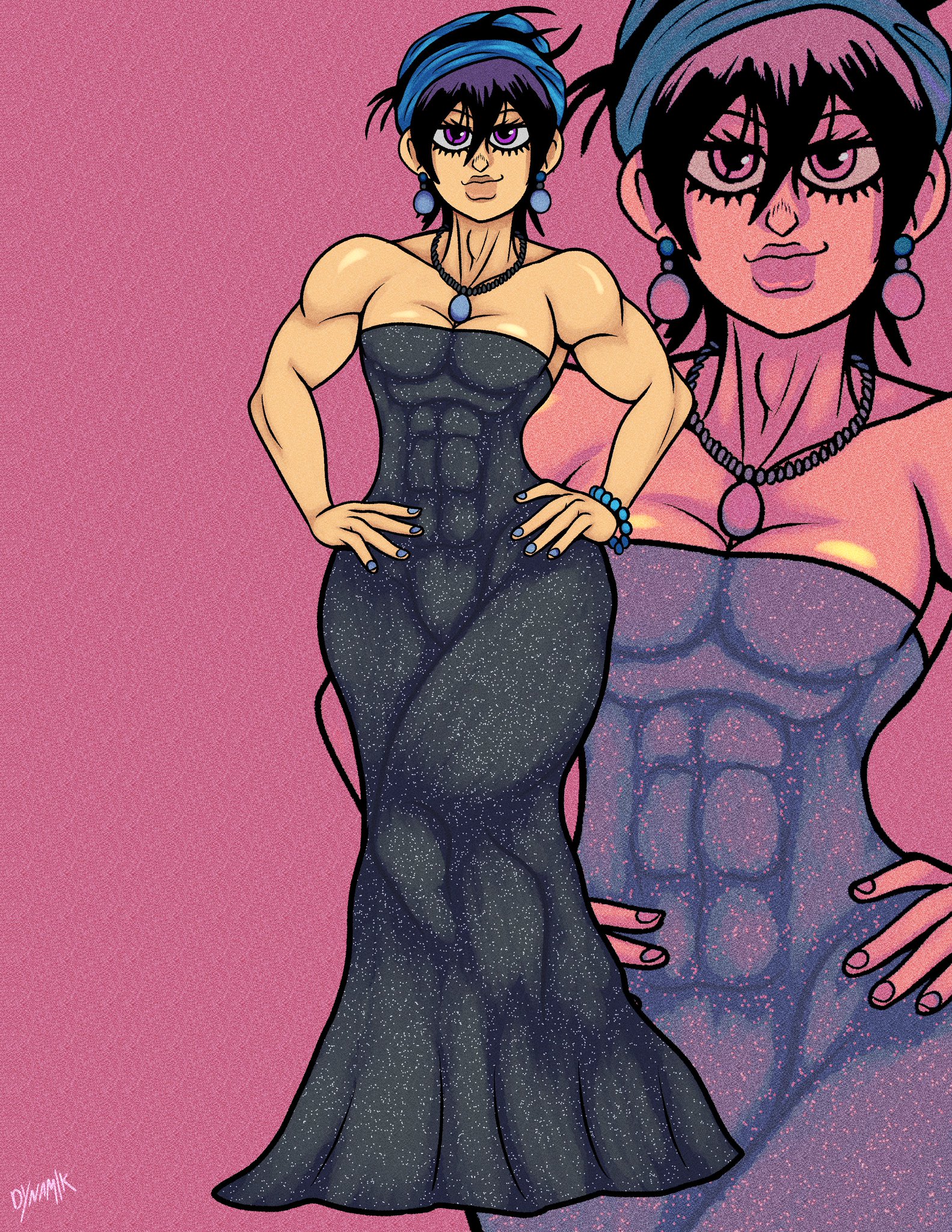 1boy, abs, crossdressing, curvy, dress, dynamik808, femboy, girly, jojo's bizarre adventure, male, male only, muscular, muscular femboy, narancia ghirga, painted nails, solo, thick thighs, vento aureo