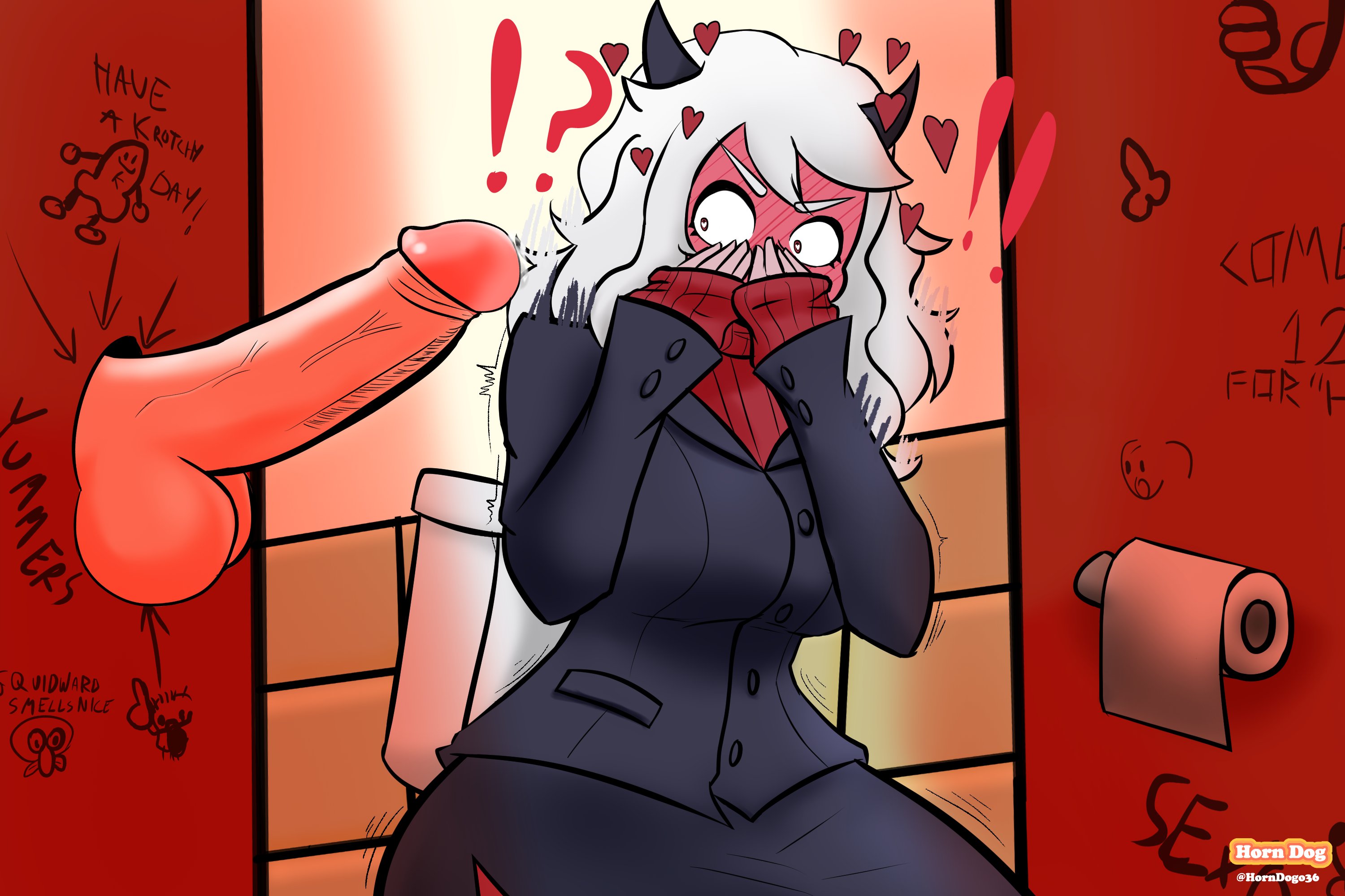 balls, big balls, big breasts, big hair, big penis, black horn, black horns, blush, boner, breasts, demon, demon girl, erect penis, erection, female, flustered, glory hole, heart-shaped pupils, hearts around head, helltaker, horn, horndogo36, horns, long hair, male, massive penis, modeus (helltaker), no eyewear, penis, penis out, precum, shaded, tuxedo, white hair, white penis