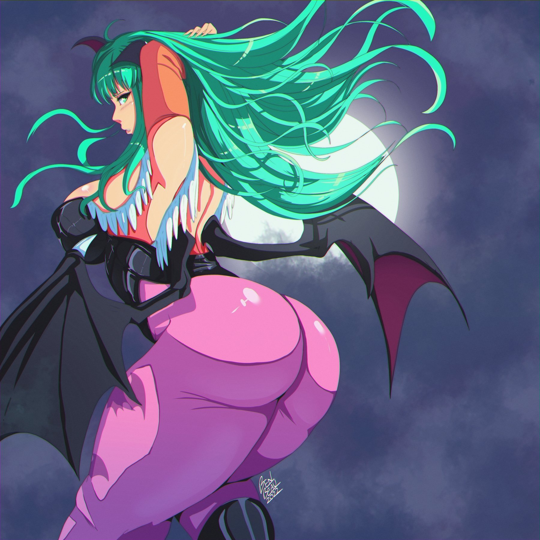 1girls, artist name, artist signature, ass, ass focus, bat wings, benbeau, big ass, big breasts, big butt, breasts, bubble ass, bubble butt, capcom, clothing, curvy, darkstalkers, demon, fat ass, female, female focus, female only, green eyes, green hair, large ass, large breasts, light skin, light-skinned female, long hair, medium breasts, morrigan aensland, night, side view, sideboob, solo, solo female, solo focus, succubus, tagme, thick ass, thick thighs, thighs, voluptuous, wings