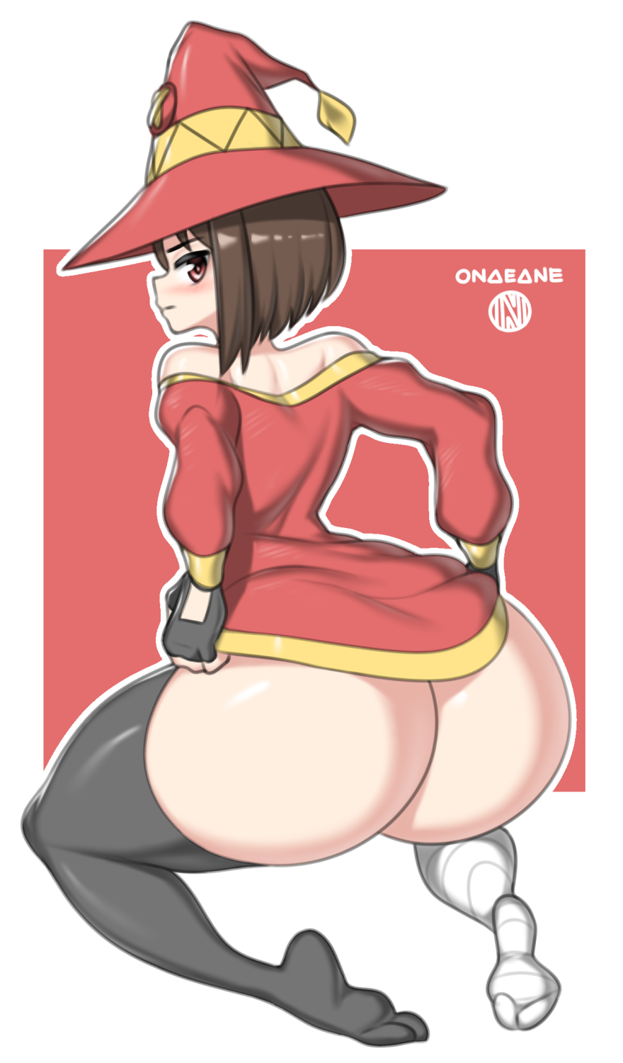 1girls ass big_ass blush bottom_heavy brown_hair bubble_ass bubble_butt feet female female_only hat huge_ass huge_butt hyper kneeling kono_subarashii_sekai_ni_shukufuku_wo! legwear legwear_only looking_back megumin onaeane red_eyes short_hair thick_thighs witch_hat