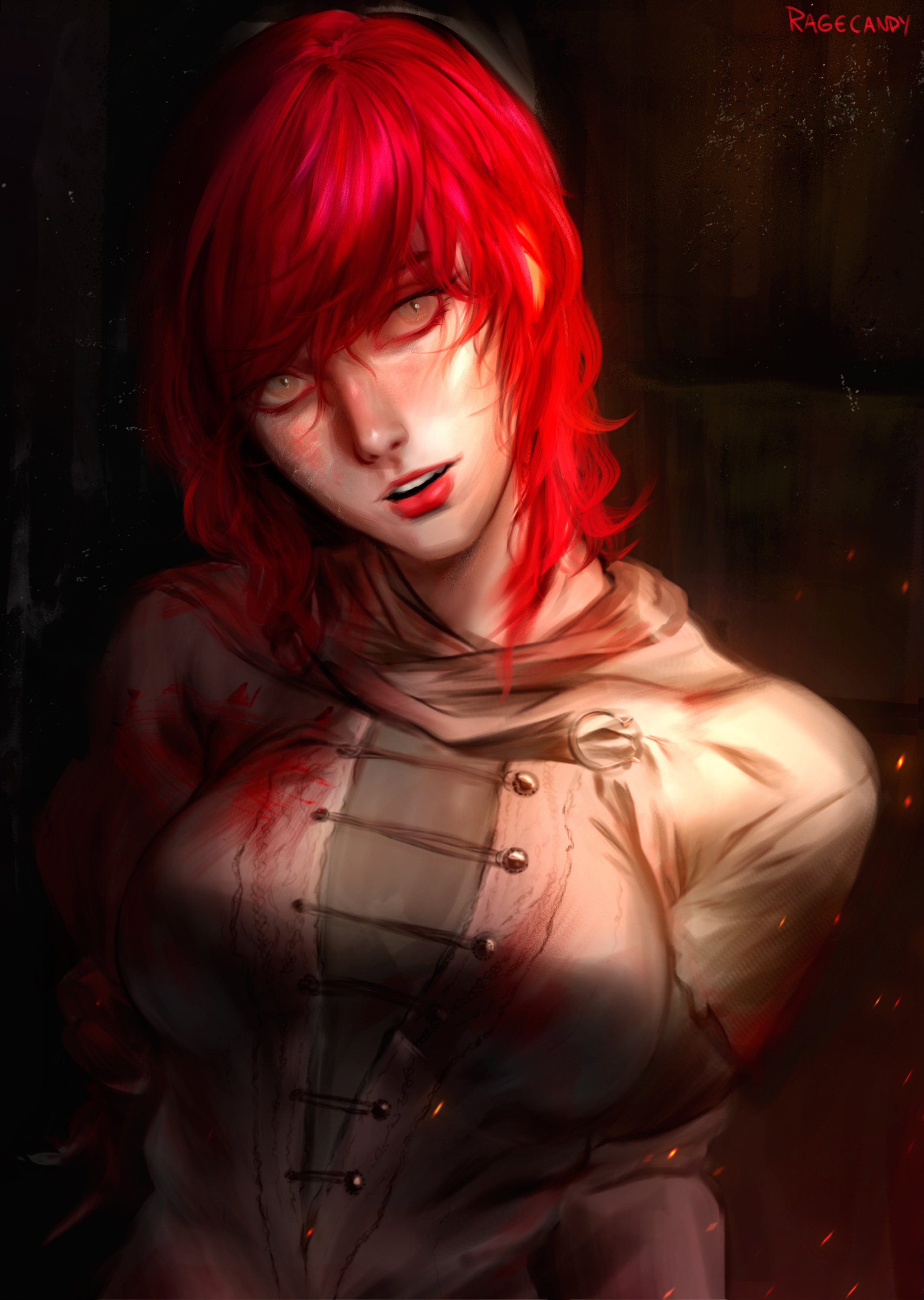 1girls, alternate breast size, big breasts, breasts, clothing, demigoddess, elden ring, female, female only, fromsoftware, gold eyes, golden eyes, happy, hi res, light skin, light-skinned female, looking at viewer, millicent (elden ring), painting (artwork), ragecndy, red hair, smile, smiling, solo, tight clothing