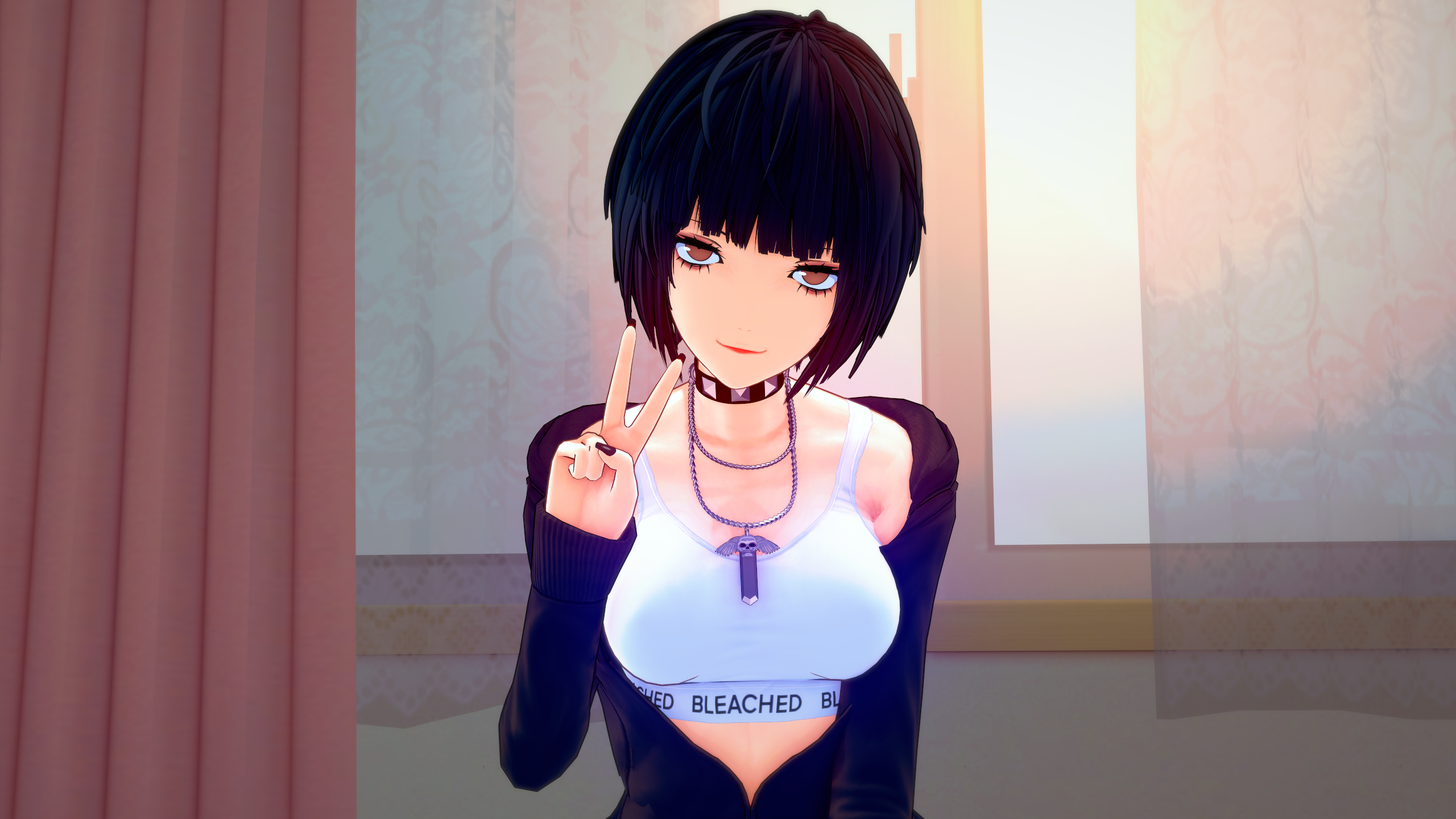 1girls, 3d, artist request, atlus, black hair, black nails, bleached, bleached clothing, brown eyes, choker, female, hoodie, koikatsu, light skin, light-skinned female, looking at viewer, megami tensei, necklace, peace sign, persona, persona 5, solo, sports bra, tae takemi