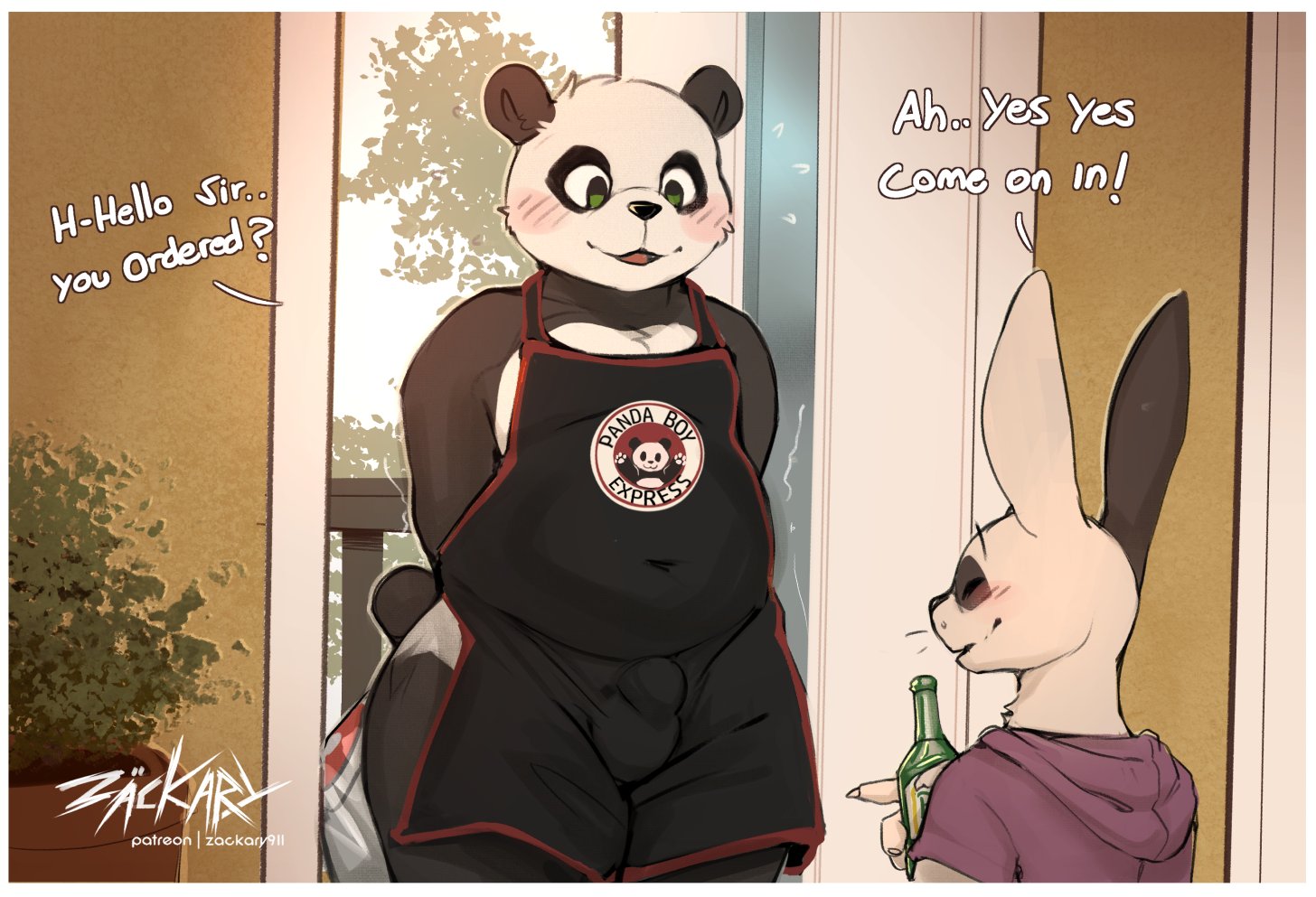 bulge, bulge through clothing, clothing, dialogue, green eyes, panda, zackary911
