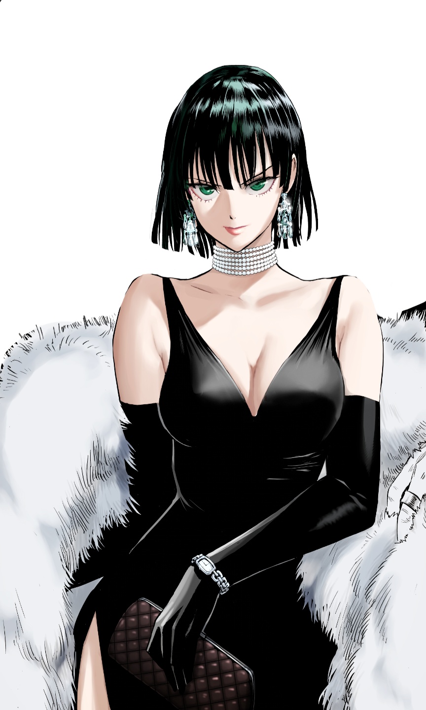 1girls, bangs, bare shoulders, big breasts, black dress, bob cut, breasts, busty, cleavage, clothed, clothing, coat, collarbone, curvaceous, curvy, curvy female, curvy figure, cute, dark green hair, dress, earrings, elegant, eye contact, eyelashes, female, female focus, female only, fringe, fubuki (one-punch man), fur, gloves, green eyes, green hair, handbag, hips, jewelry, light skin, light-skinned female, lips, lipstick, looking at viewer, medium hair, murata yuusuke, necklace, one-punch man, seductive look, short hair, slim, slim waist, smile, smiling, smiling at viewer, smirk, solo, solo female, solo focus, thin waist, tight clothes, tight dress, voluptuous, white background, wide hips