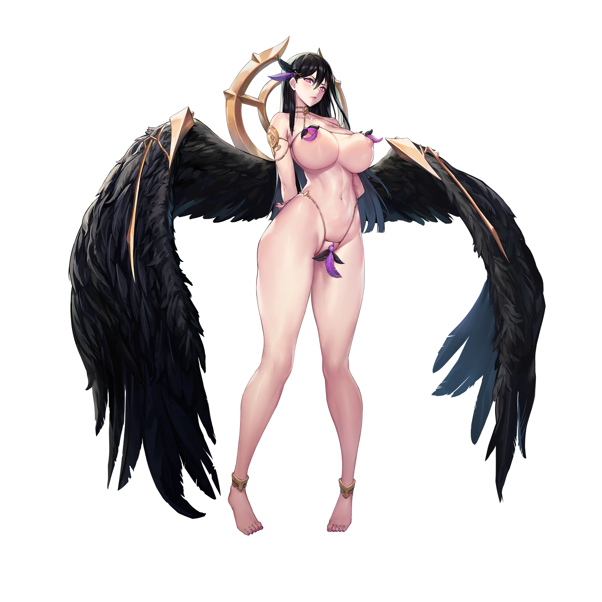 ass, breasts, choney, female, game cg, jewelry, large ass, large breasts, last origin, official art, panties, saraqael (last origin), thick thighs, wings