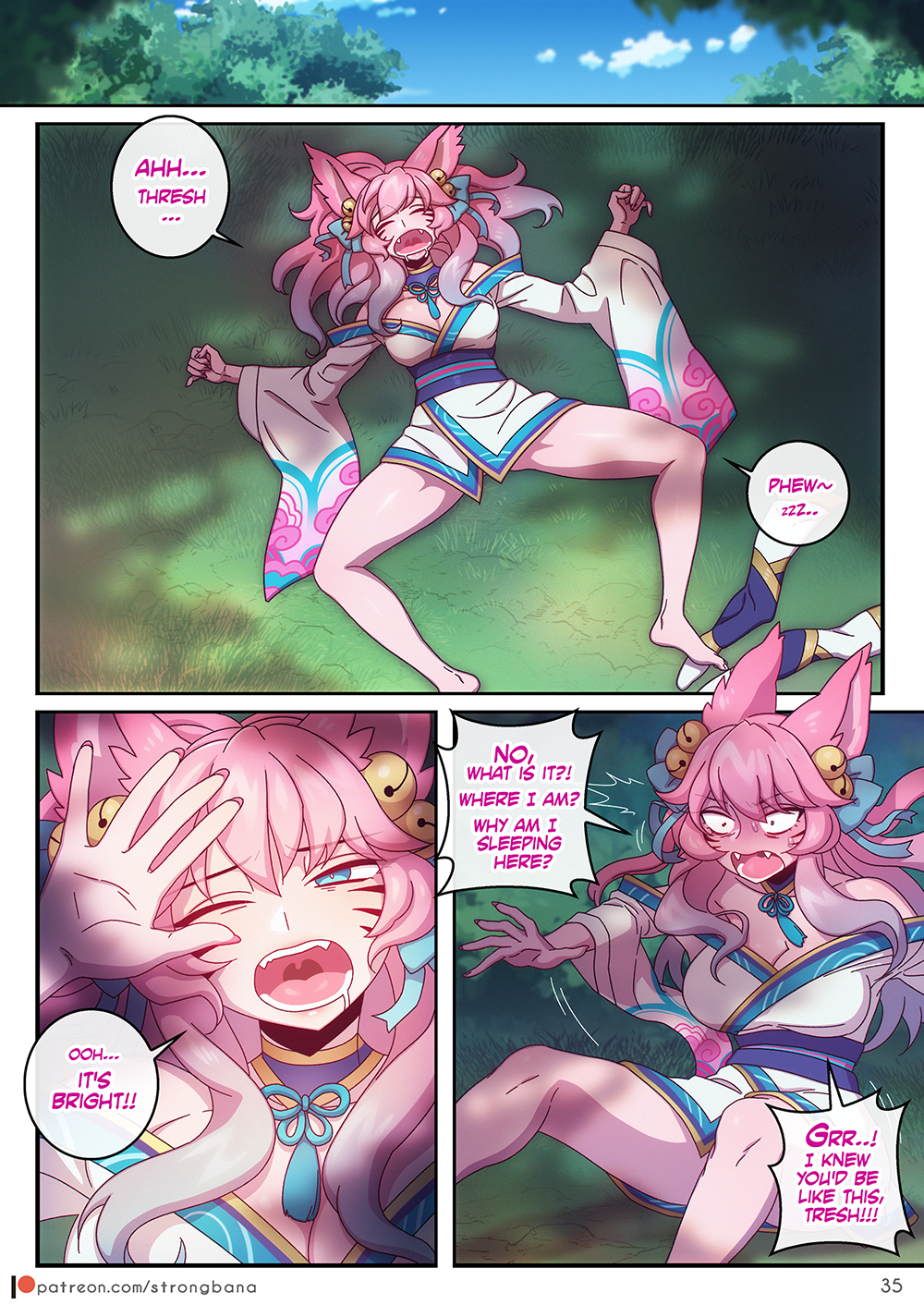 1girls, ahri, alternate costume, alternate hair color, alternate hairstyle, animal ear fluff, animal ears, animal girl, bangs, bell, big breasts, blue eyes, breasts, busty, choker, cleavage, clothing, color, comic, comic page, comic panel, dialogue, english text, eyelashes, eyeliner, eyeshadow, facial markings, female, fluffy, fluffy ears, fluffy tail, fluffy tails, fox, fox ears, fox girl, fox tail, furry tail, hair ornament, hair ribbon, humanoid, inner ear fluff, japanese clothes, kemonomimi, kimono, kitsune, large breasts, league of legends, legs spread, light skin, light-skinned female, lips, lipstick, long hair, multi tail, nine tailed fox, page 35, pale skin, pale-skinned female, pink hair, riot games, robe, spirit, spirit blossom ahri, spirit blossom series, strongbana, tail, text, uncensored, vastaya, video games