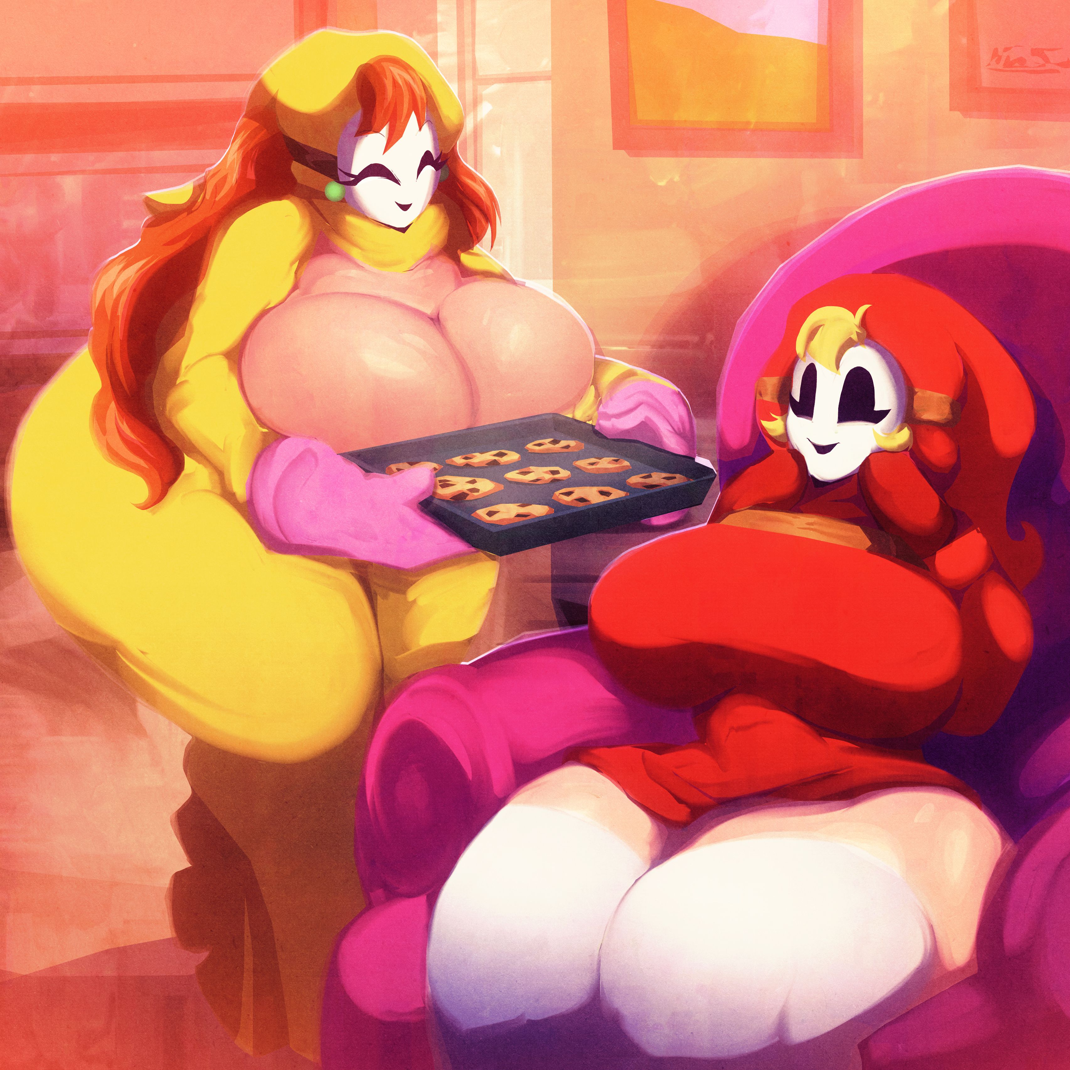 2girls, ass, big breasts, blonde hair, boob window, breast bigger than head, breasts, cleavage, cookie, cookies, excited, female, happy female, huge ass, huge breasts, huge butt, larger female, living room, mario (series), masked female, milf, mob face, multiple females, multiple girls, nintendo, orange hair, overflowing breasts, red clothing, riendonut, shy gal, smile, smiling, surprised expression, thick thighs, white stockings, wholesome, yellow clothing