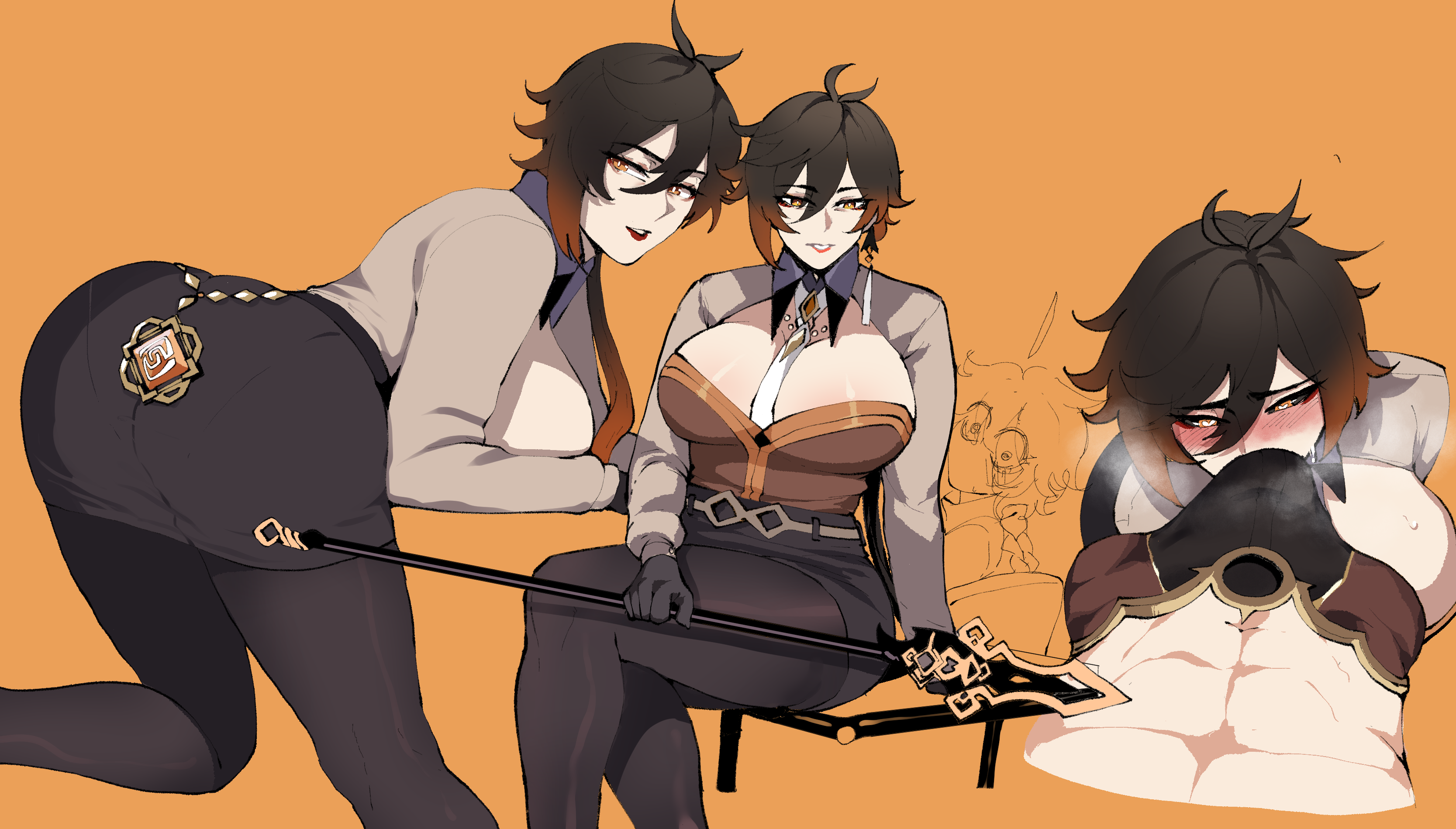 1boy, 1girls, 2022, aether (genshin impact), ass, big ass, big breasts, big butt, black hair, breasts, brown hair, bulge, erection under clothes, female, genderswap, genderswap (mtf), genshin impact, gloves, large breasts, long sleeves, male, orange eyes, pantyhose, polearm, rule 63, skirt, thiccwithaq, thick, thick ass, thick thighs, voluptuous, zhongli (genshin impact), zhongli jiejie