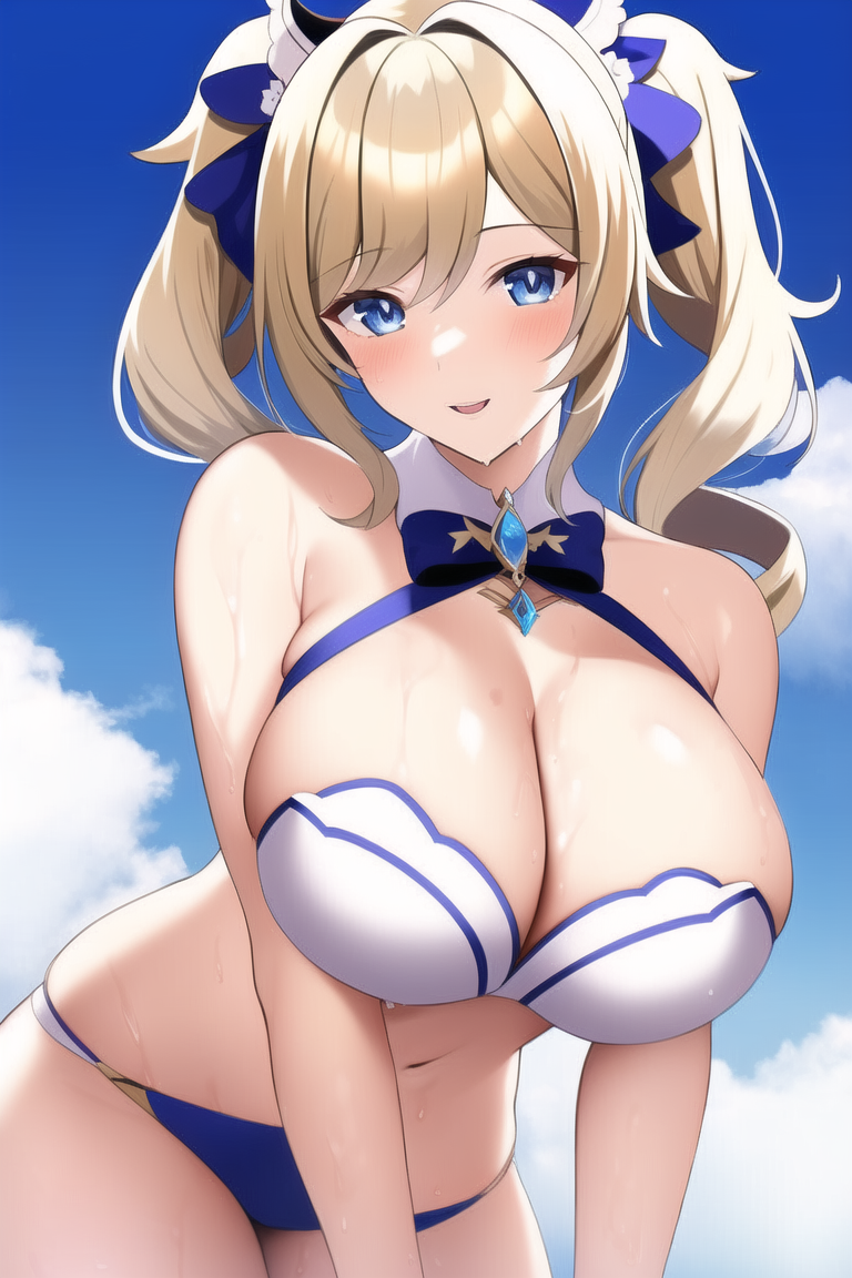 1girls, ai generated, alternate breast size, barbara (genshin impact), bikini, blonde hair, breasts, cleavage, female, genshin impact, huge breasts, long hair, nai diffusion, nun, outdoors, slim waist, smile, stable diffusion, twintails, white bikini