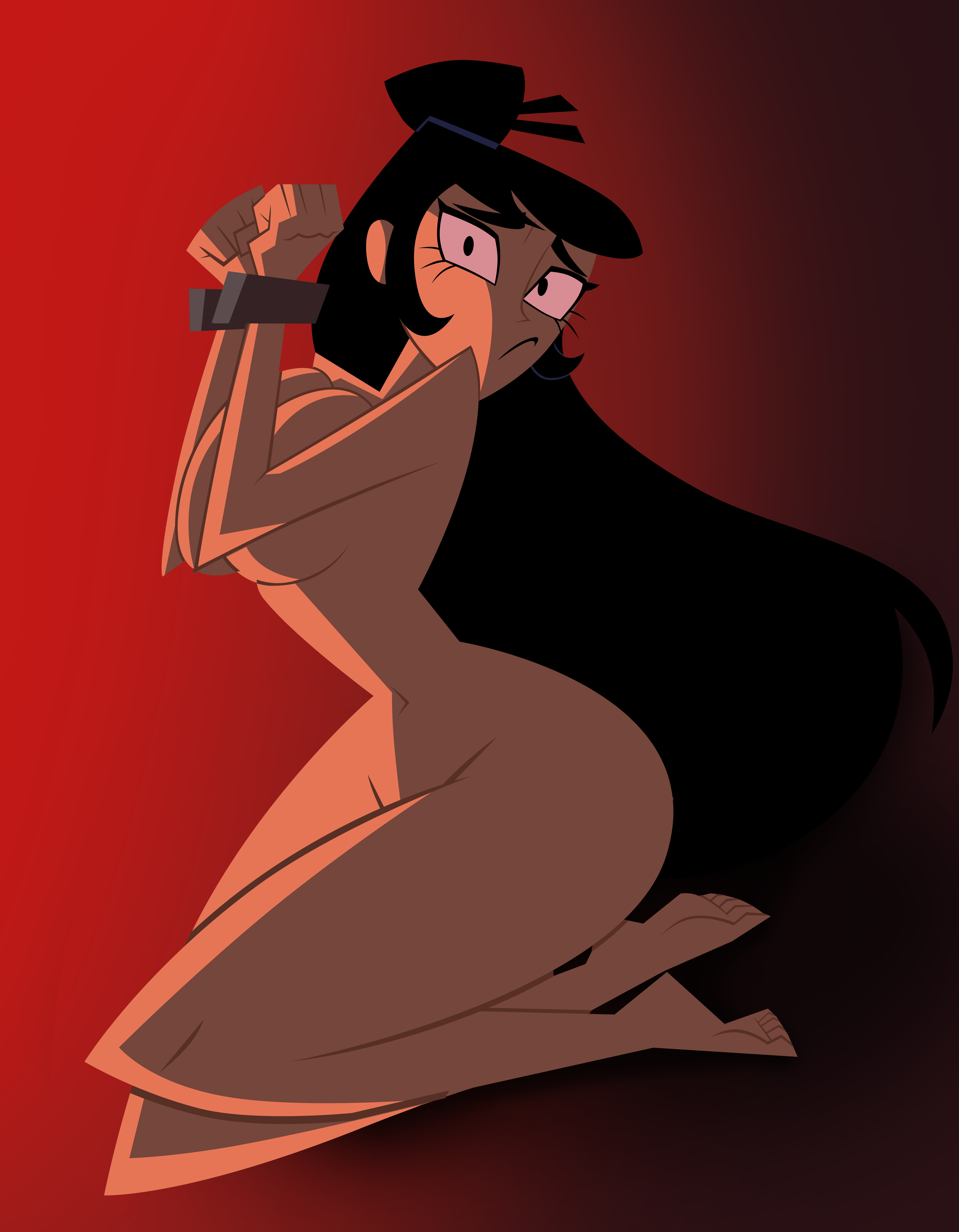 1girls, 2022, adult swim, ass, black eyes, black hair, bondage, breasts, cartoon network, dark background, female, genderswap, genderswap (mtf), grimphantom, long hair, naked, no outlines, rule 63, samurai jack, samurai jacqueline, scared, squeezing breast, tied hair, tied up, toonami