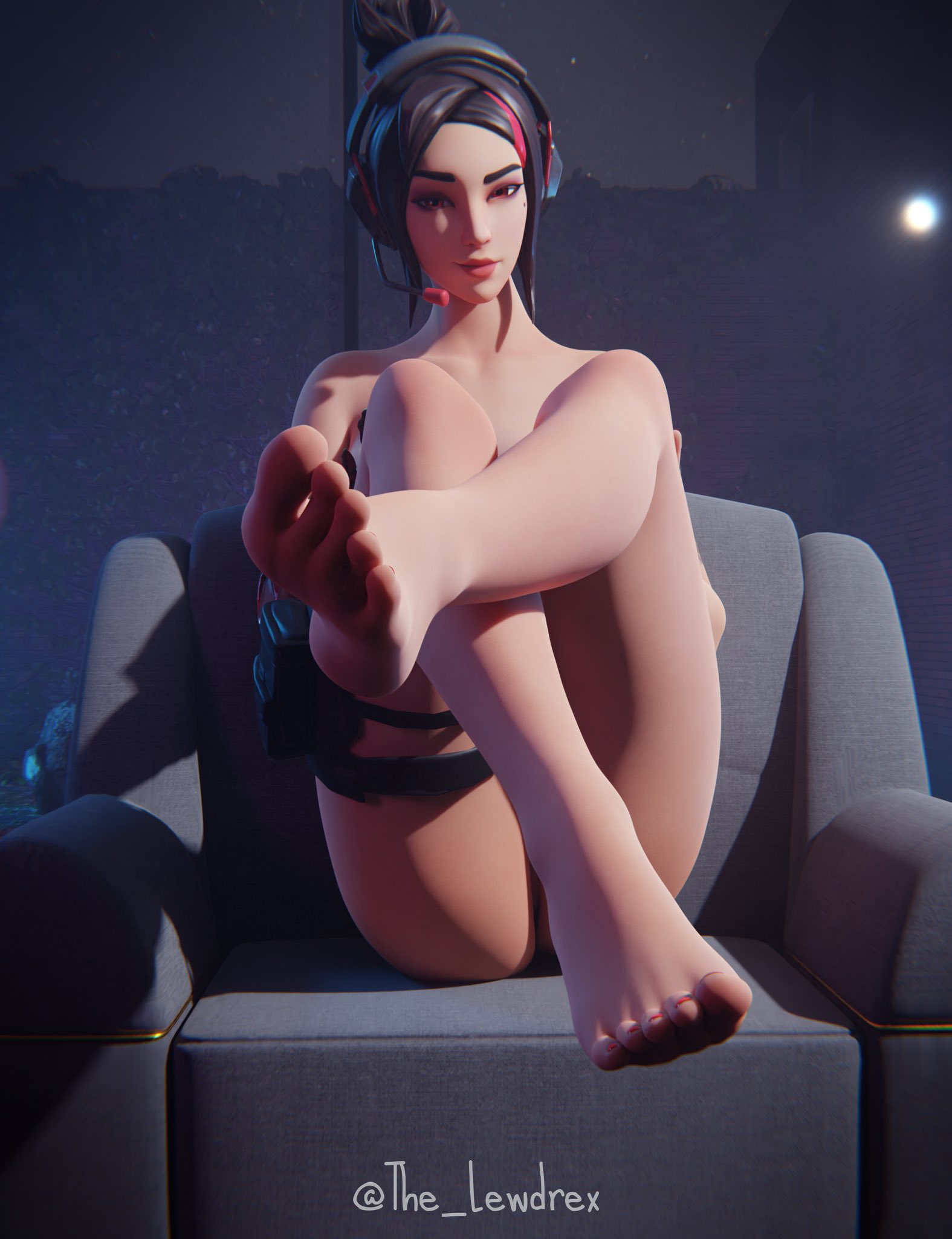 3d, black hair, blender, bottomless, chair, completely nude, demi (fortnite), detailed background, epic games, feet, female, female focus, female only, foot focus, fortnite, headset, headwear, legs up, lewdrex, light skin, light-skinned female, looking at viewer, mole, mole under eye, nude, nude female, sitting, solo, solo female, solo focus, topless, watermark