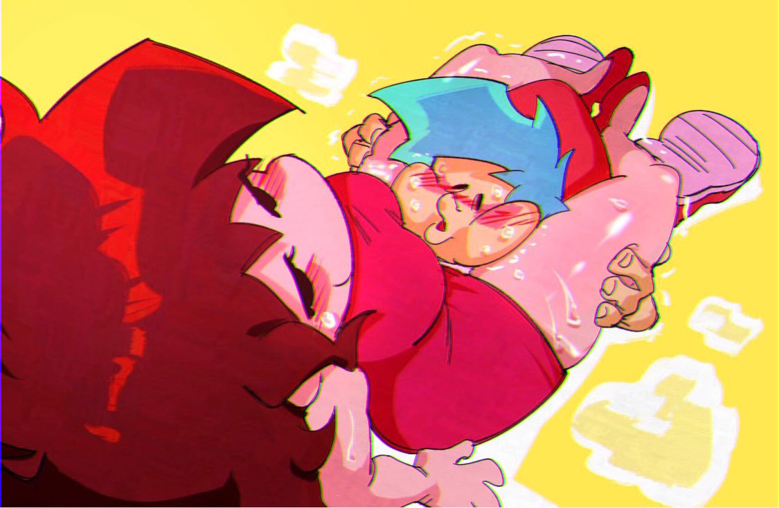 1boy, 1girls, between legs, between thighs, blue hair, blush, boyfriend (friday night funkin), brown hair, female, friday night funkin, girlfriend (friday night funkin), hat, head between legs, head between thighs, high heels, male, mob face, red high heels, smile, toboki 05