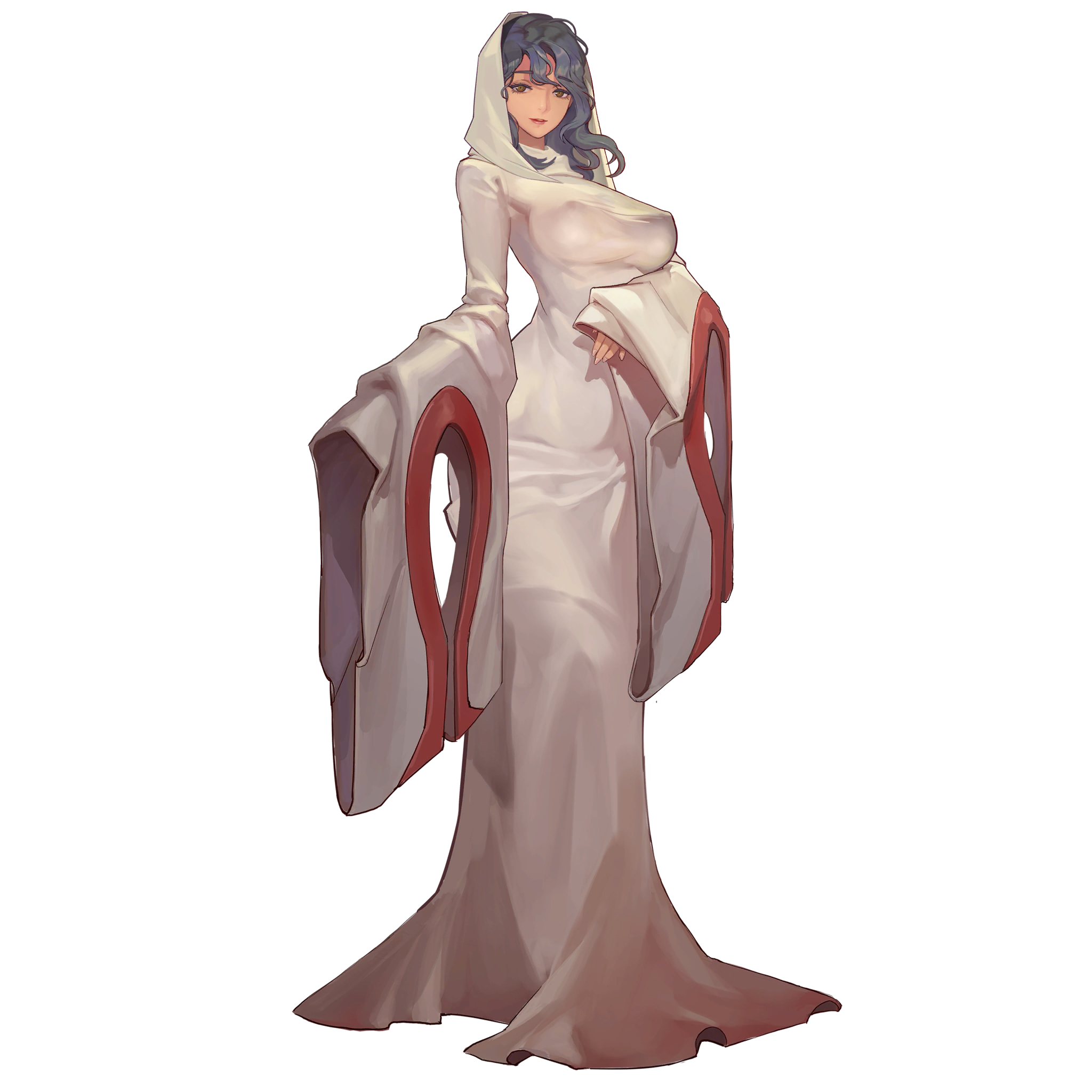 black hair, breasts, brown eyes, covered nipples, curvy, eva (last origin), female, full body, game cg, highres, hood, large breasts, last origin, long hair, long sleeves, looking at viewer, narrow waist, nipples, robe, rorobomb, sleeves past wrists, smile, solo, tachi-e, transparent background, wavy hair, wide hips, wide sleeves