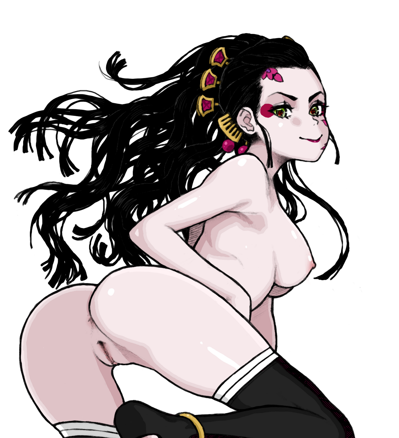 all fours, anus, black hair, black legwear, black thighhighs, breasts, censored, daki (kimetsu no yaiba), demon, demon girl, demon slayer, eyeshadow, facial markings, female, female only, functionally nude, hair ornament, kimetsu no yaiba, light skin, light-skinned female, long hair, looking at viewer, looking back, medium breasts, mostly nude, naked stockings, naked thighhighs, pale skin, pale-skinned female, pointless censoring, pussy, sideboob, smile, solo, thighhighs, wabaki, zettai ryouiki