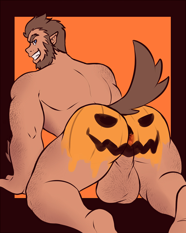 1boy ass ass_focus backsack balls bara beard big_balls body_hair facial_hair gay hairy male male_only monster_prom muscles muscular nude on_hands_and_knees paint_on_ass penis pointy_ears pumpkin_butt scott_howl solo solo_male tail werewolf zairuzy