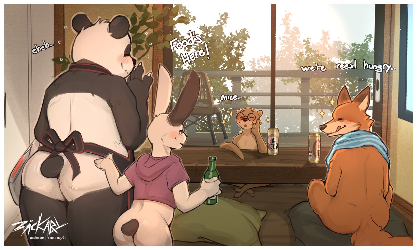 ass, big ass, blush, drink, fox, furry, glasses, male, multiple boys, multiple males, panda, rabbit, smile, tongue, zackary911