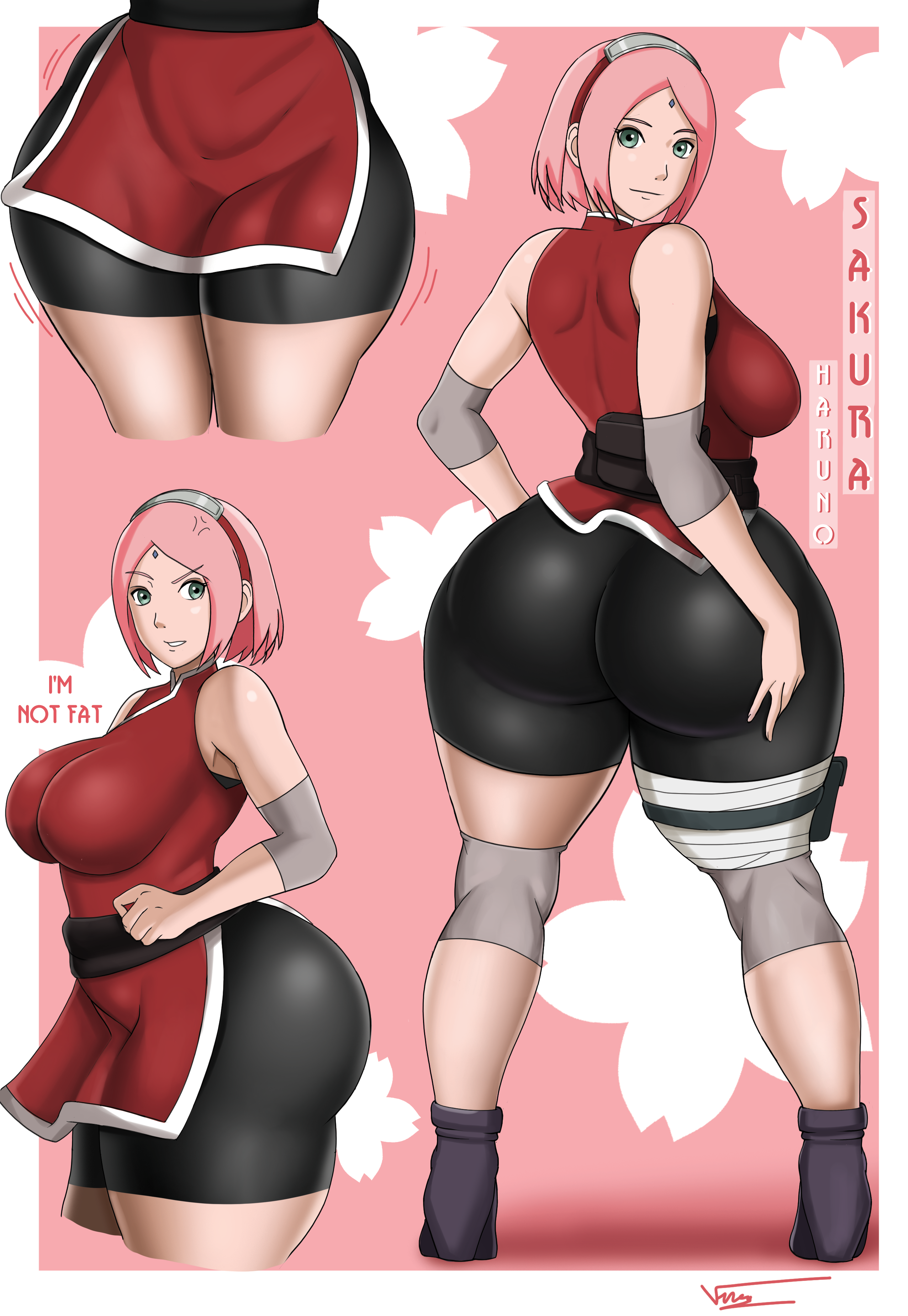 1girls, alternate ass size, alternate breast size, ass, big ass, big breasts, big butt, bike shorts, breasts, clothed, clothed female, clothing, english text, eye contact, female, female only, fully clothed, grabbing own breast, huge ass, light skin, light-skinned female, looking at viewer, naruto, naruto (series), pink hair, pinup, sakura haruno, short hair, shorts, solo, solo focus, spandex shorts, standing, text, thick thighs, vn simp, wide hips