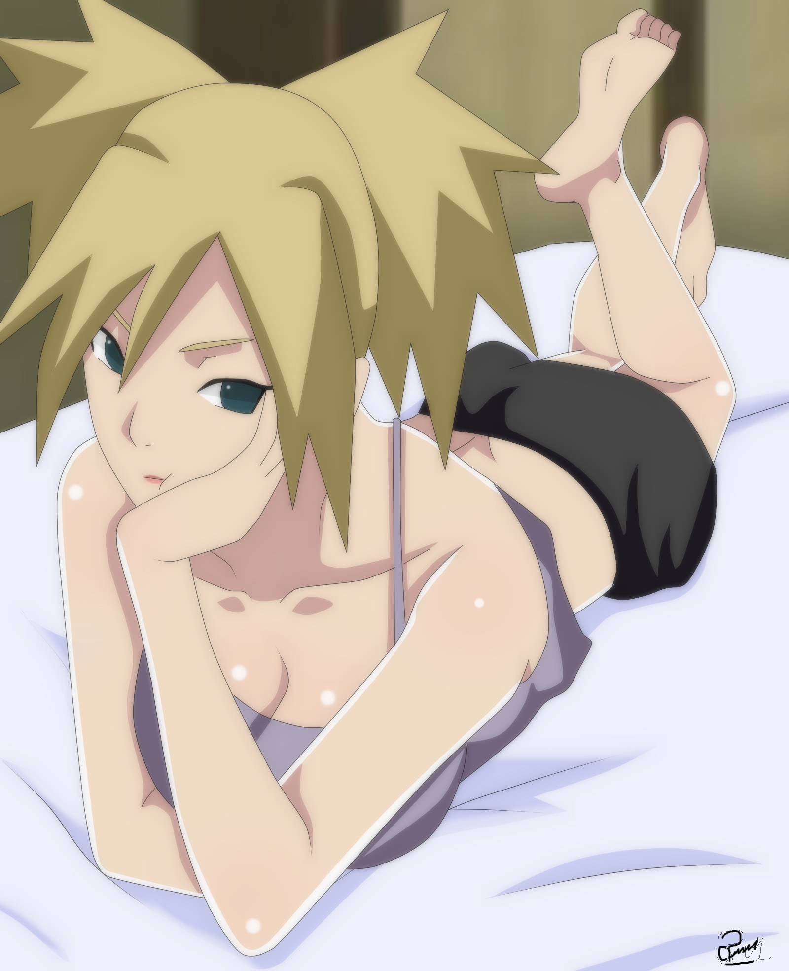 1girls, agung911, barefoot, blonde hair, breasts, feet, female, female only, legs up, lipstick, lying, lying on bed, lying on stomach, makeup, naruto, naruto (series), naruto shippuden, naruto: the last, on bed, on stomach, pout, pouting, shorts, sleeveless, sleeveless shirt, solo, solo focus, teal eyes, temari, tied hair, twintails