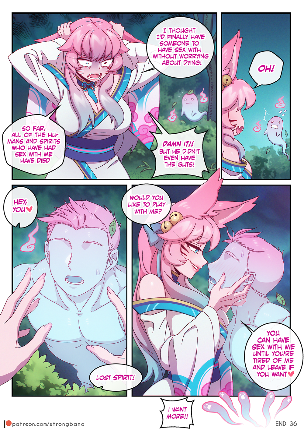 1boy, 1girls, ahri, alternate costume, alternate hair color, alternate hairstyle, animal ear fluff, animal ears, animal girl, bangs, bell, big breasts, blue eyes, breasts, busty, choker, cleavage, clothing, color, comic, comic page, comic panel, dialogue, english text, eyelashes, eyeliner, eyeshadow, facial markings, female, fluffy, fluffy ears, fluffy tail, fluffy tails, fox, fox ears, fox girl, fox tail, furry tail, hair ornament, hair ribbon, humanoid, implied sex, inner ear fluff, japanese clothes, kemonomimi, kimono, kitsune, large breasts, league of legends, light skin, light-skinned female, lips, lipstick, long hair, male, multi tail, nine tailed fox, page 36, pale skin, pale-skinned female, pink hair, riot games, robe, seduction, seductive, seductive eyes, seductive look, seductive smile, spirit, spirit blossom ahri, spirit blossom series, strongbana, tail, text, uncensored, vastaya, video games