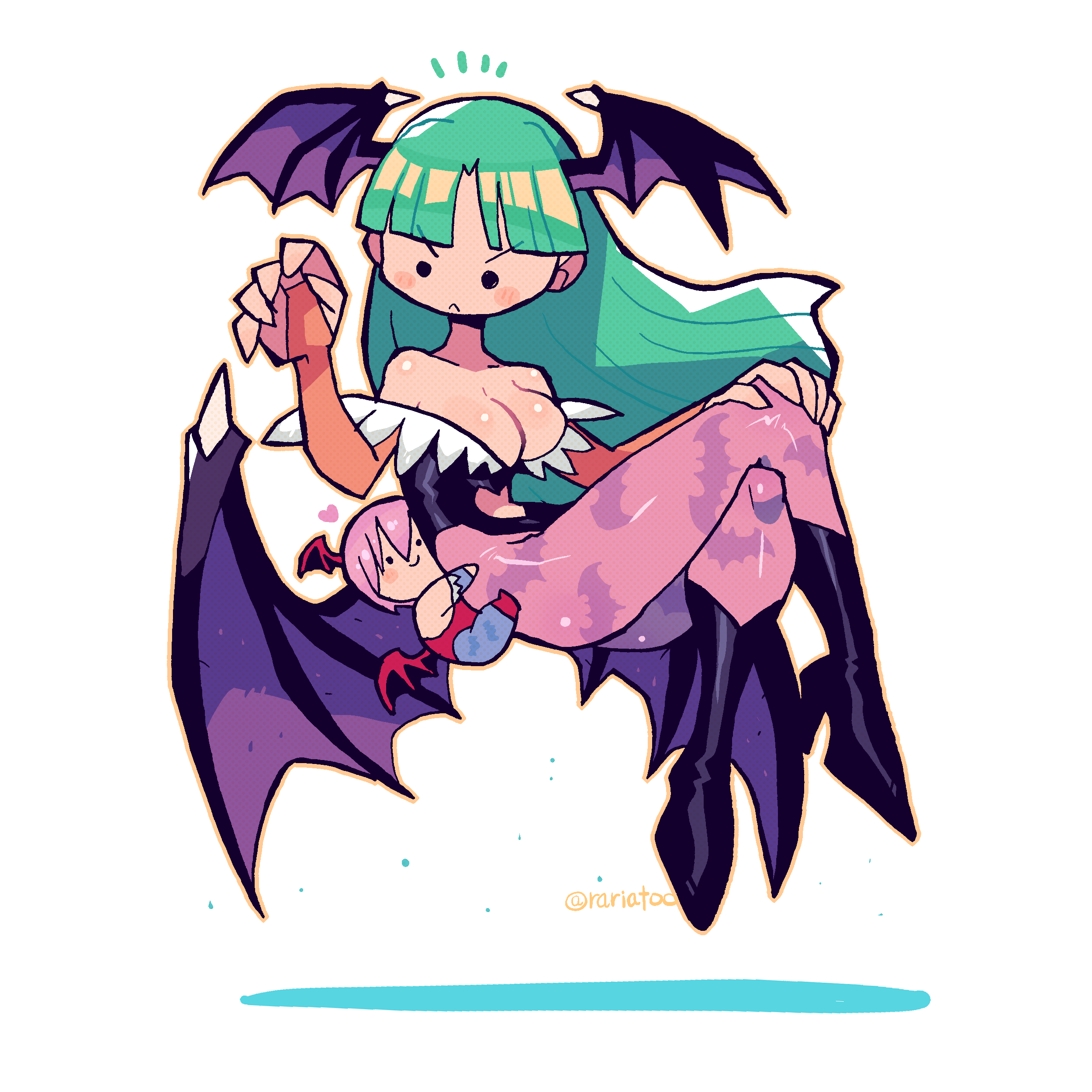 big breasts, breasts, clothing, crap-man, darkstalkers, demon, female, lilith aensland, medium breasts, mob face, morrigan aensland, succubi, succubus, succubus costume, succubus wings, tagme