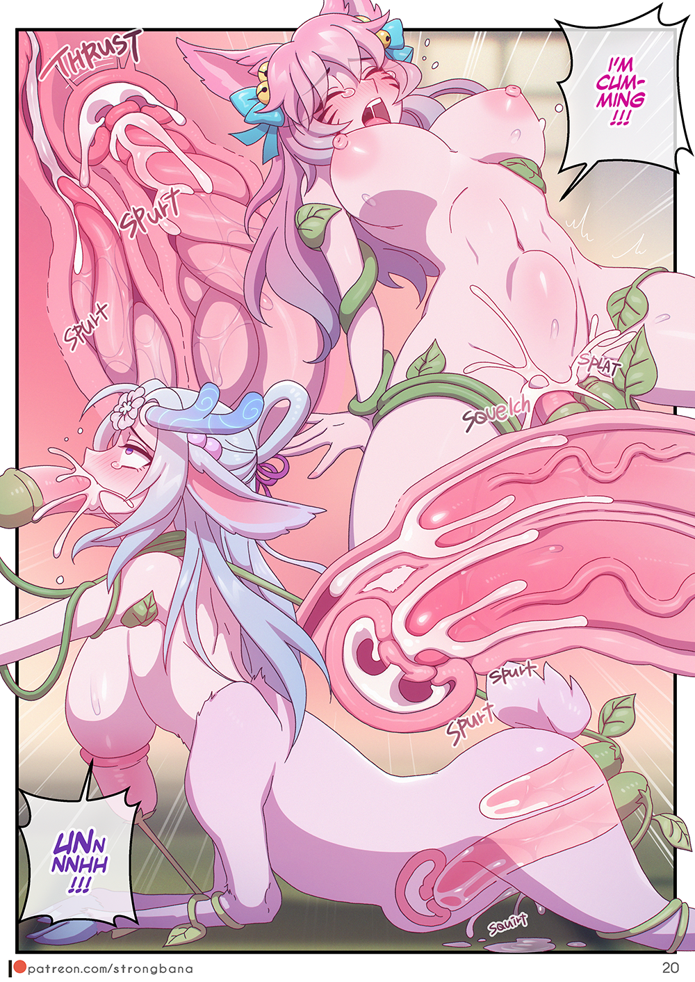 ahri, alternate costume, alternate hair color, alternate hairstyle, animal ear fluff, animal ears, animal girl, areolae, ass, bangs, bell, big breasts, blue eyes, breasts, busty, choker, cleavage, clothing, color, comic, cum, cum in ass, cum in pussy, cum in uterus, cum inside, curves, curvy, curvy body, curvy female, curvy figure, curvy hips, dialogue, english text, eyelashes, eyeliner, eyeshadow, facial markings, female, fluffy, fluffy ears, fluffy tail, fluffy tails, fox, fox ears, fox girl, fox tail, furry tail, hair ornament, hair ribbon, hips, huge breasts, humanoid, inner ear fluff, japanese clothes, kemonomimi, kimono, kitsune, large breasts, league of legends, light skin, light-skinned female, lillia (league of legends), lips, lipstick, long hair, multi tail, nine tailed fox, nipples, page 20, pale skin, pale-skinned female, pink hair, pussy, riot games, robe, spirit, spirit blossom ahri, spirit blossom lillia, spirit blossom series, strongbana, tail, text, thighs, uncensored, vastaya, video games