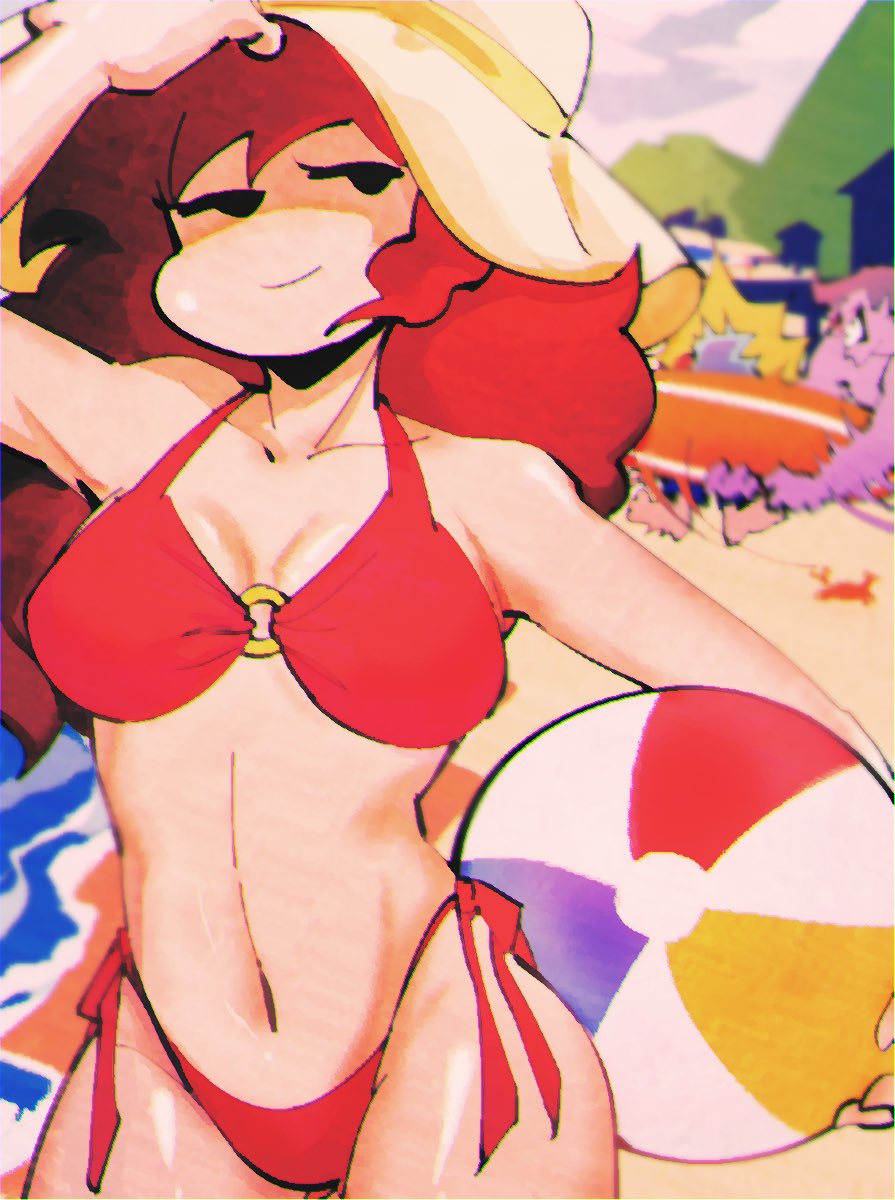 1girls, beach ball, big breasts, bikini, boyfriend (friday night funkin), breasts, brown hair, crab, daddy dearest, female, female only, friday night funkin, girlfriend (friday night funkin), hat, huge breast, large breasts, long hair, massive breasts, medium breasts, mob face, navel, toboki 05, volleyball
