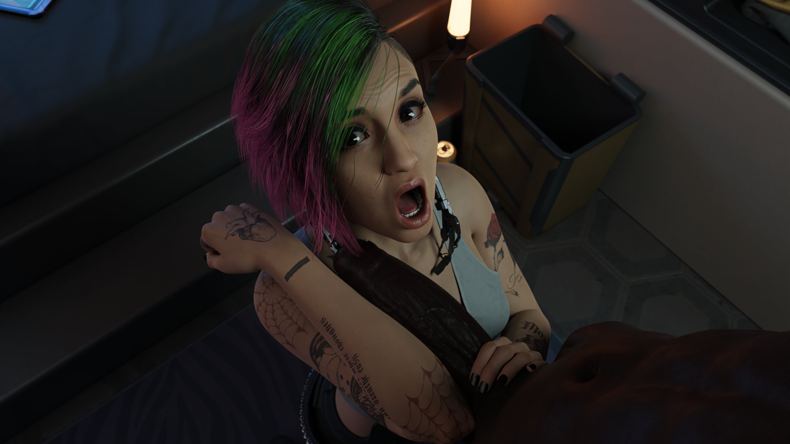 1boy, 1girls, 3d, big penis, black eyes, cd projekt red, clothed female nude male, cyberpunk (series), cyberpunk 2077, dark skin, dark-skinned male, dyed hair, faceless male, female, female focus, forearm cock, green hair, hi res, huge cock, huge penis, interracial, judy alvarez, latina, male, measuring penis, open mouth, penis, penis awe, pink hair, sfmlover22, solo focus, surprised, tagme, tattoo, tattoos, two-tone hair