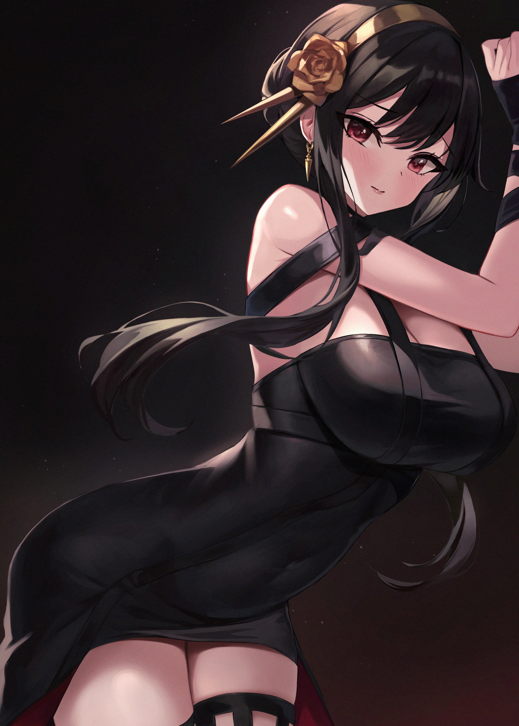 1girls, assassin, bangs, black dress, black hair, blush, blush lines, bound wrists, breasts, captured, captured heroine, doco (doco3811), doco3811, ear, earrings, eyebrows visible through hair, female, female focus, female human, female only, highres, human, large breasts, light skin, light-skinned female, looking at another, mature female, pink eyes, rose, rose (flower), simple background, slim waist, spy x family, tagme, thick thighs, thorn princess, variant, variant set, wide hips, yor briar, yor forger